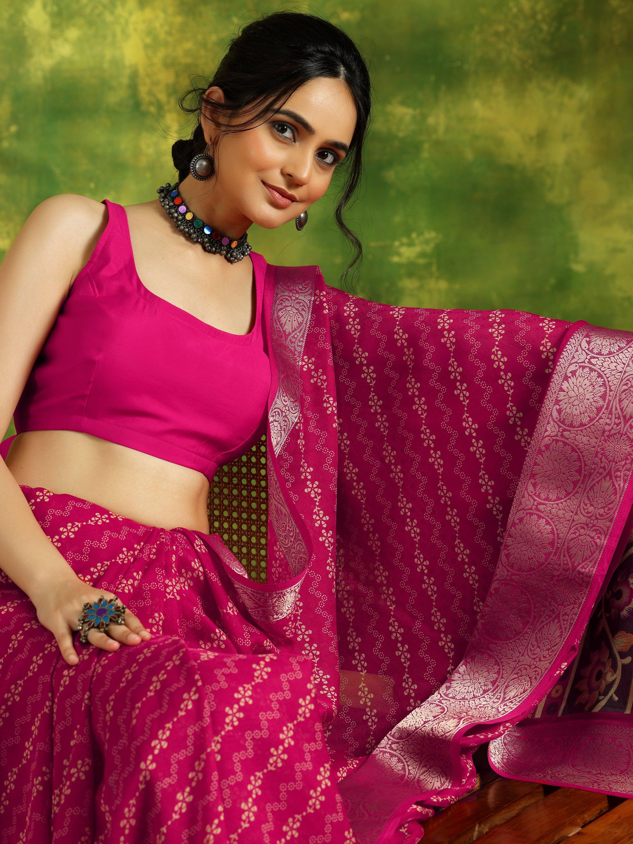 Pink Printed Silk Blend Saree With Unstitched Blouse Piece