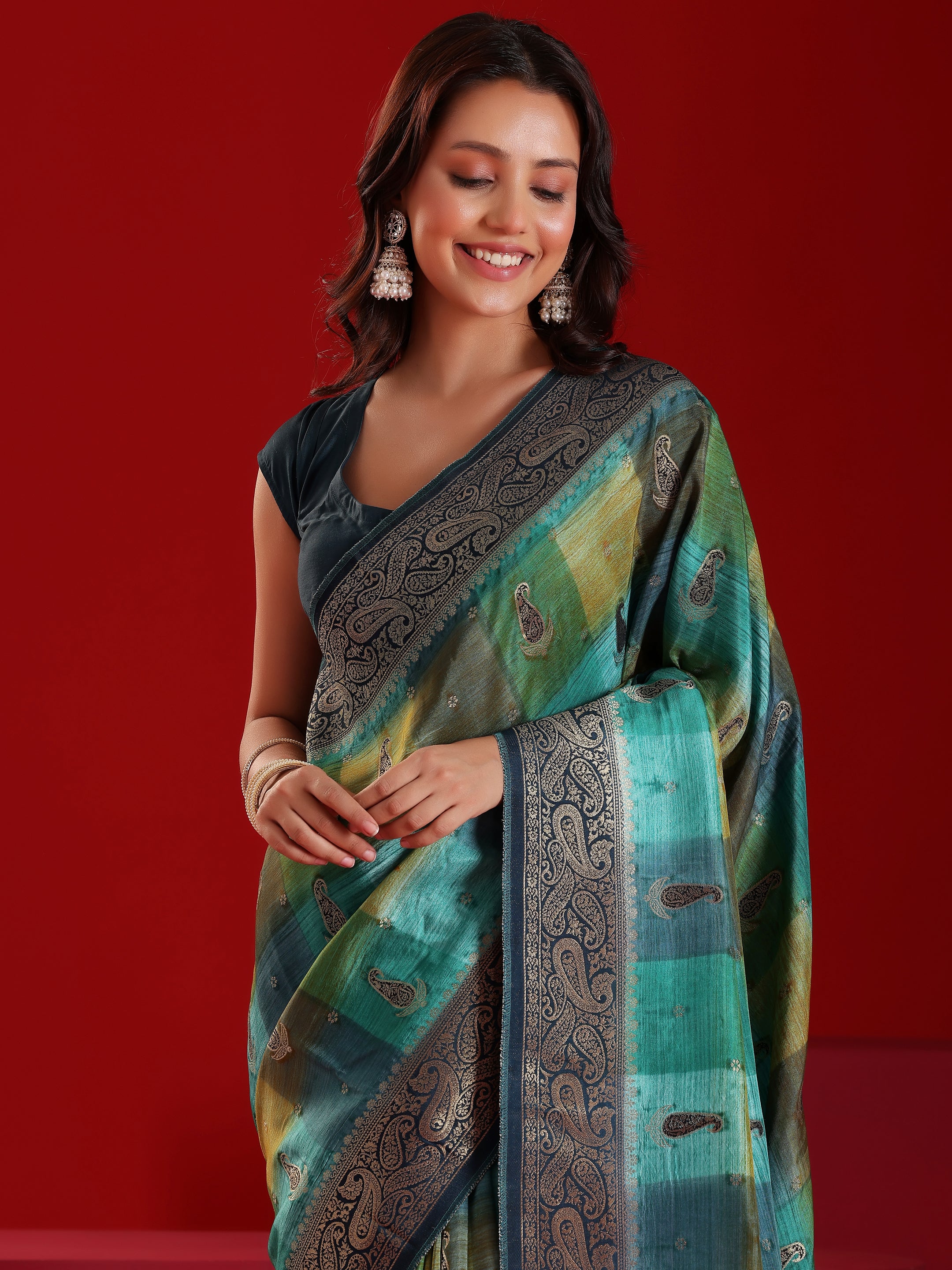 Libas Art Blue Woven Design Satin Saree With Unstitched  Blouse Piece