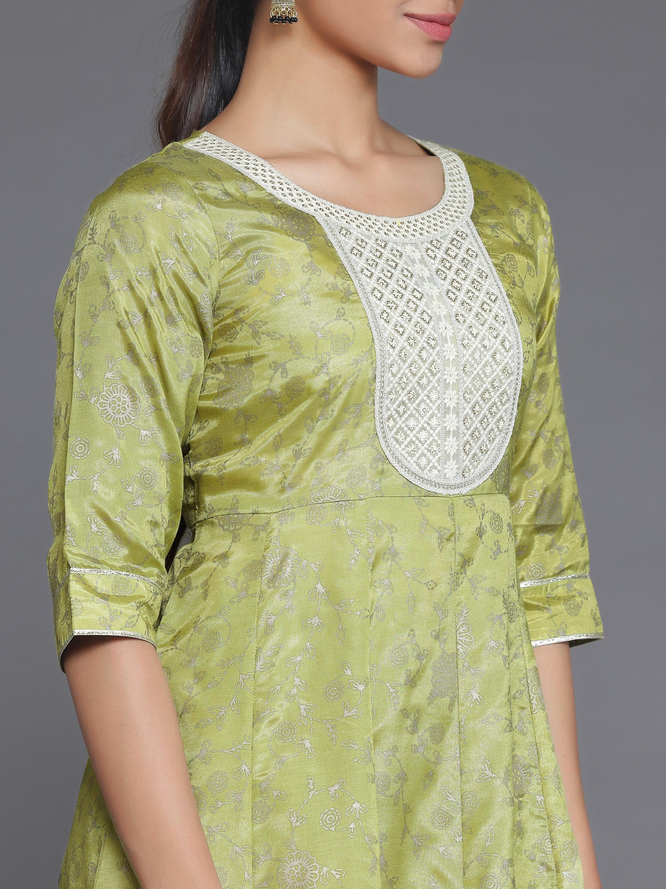 Green Printed Silk Blend A-Line Kurta With Trousers