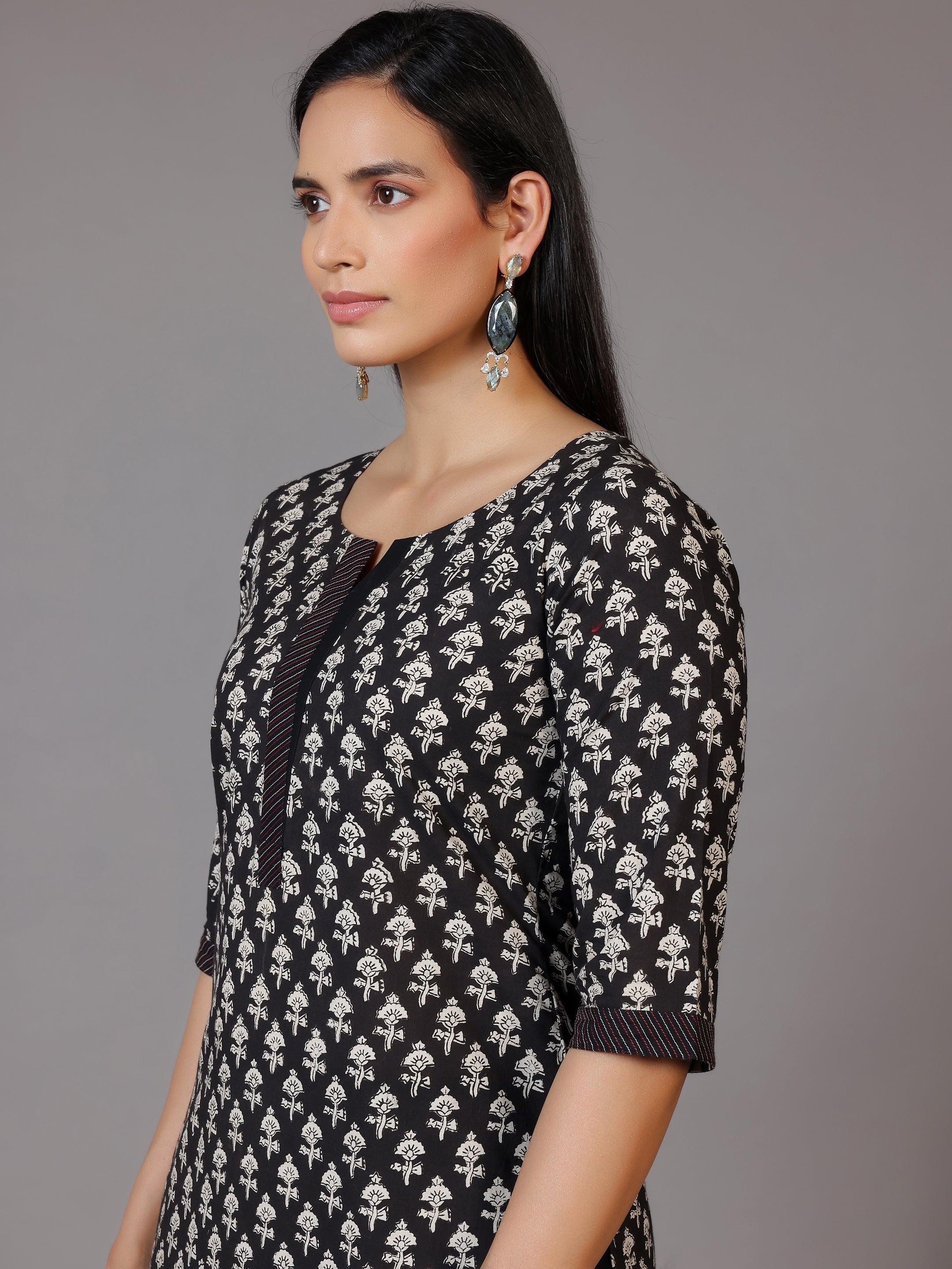 Black Printed Cotton Straight Kurta