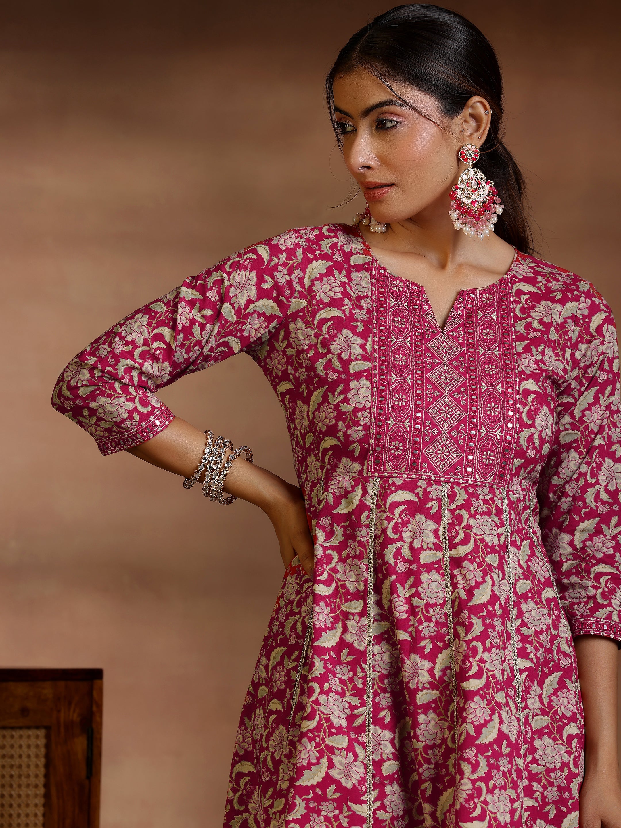 Pink Printed Cotton Anarkali Kurta Set