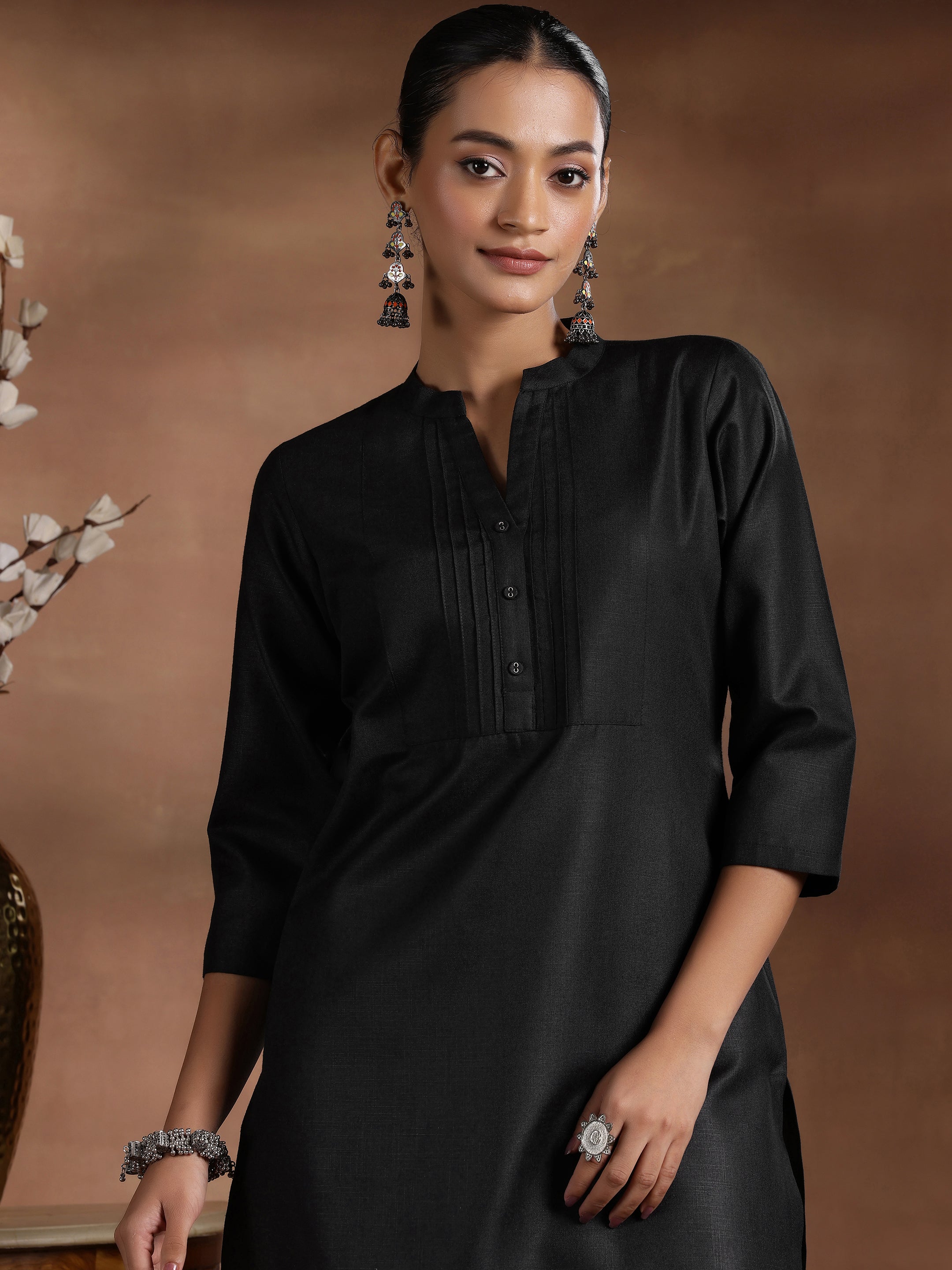 Black Solid Silk Straight Kurta