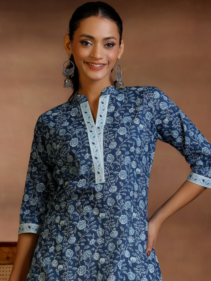 Blue Printed Cotton A-Line Kurti