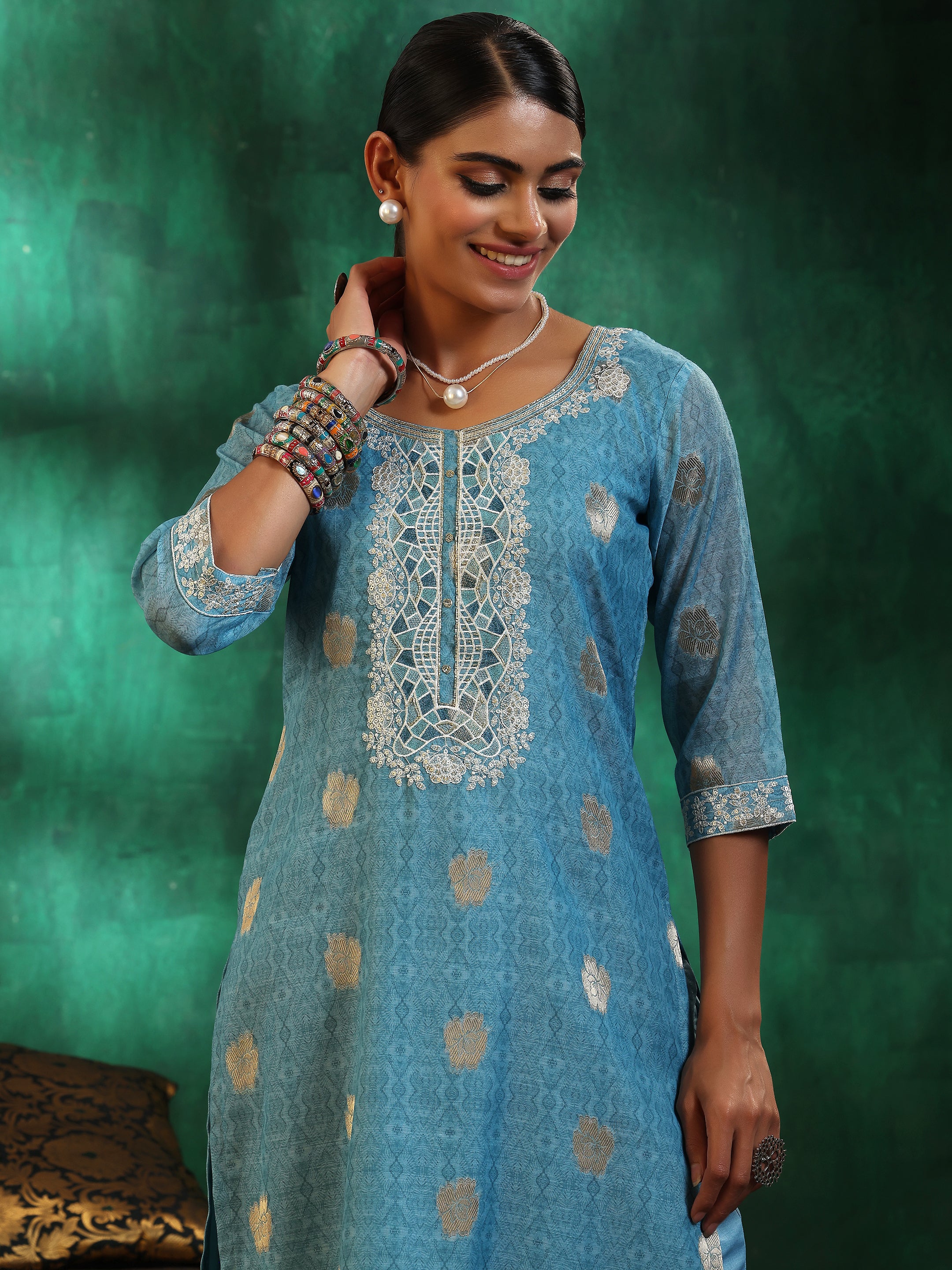 Turquoise Blue Printed Silk Blend Straight Suit With Dupatta