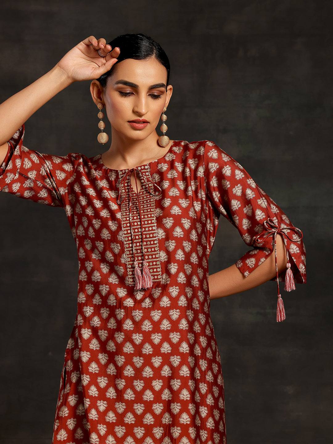 Rust Printed Silk Blend Straight Kurta Set