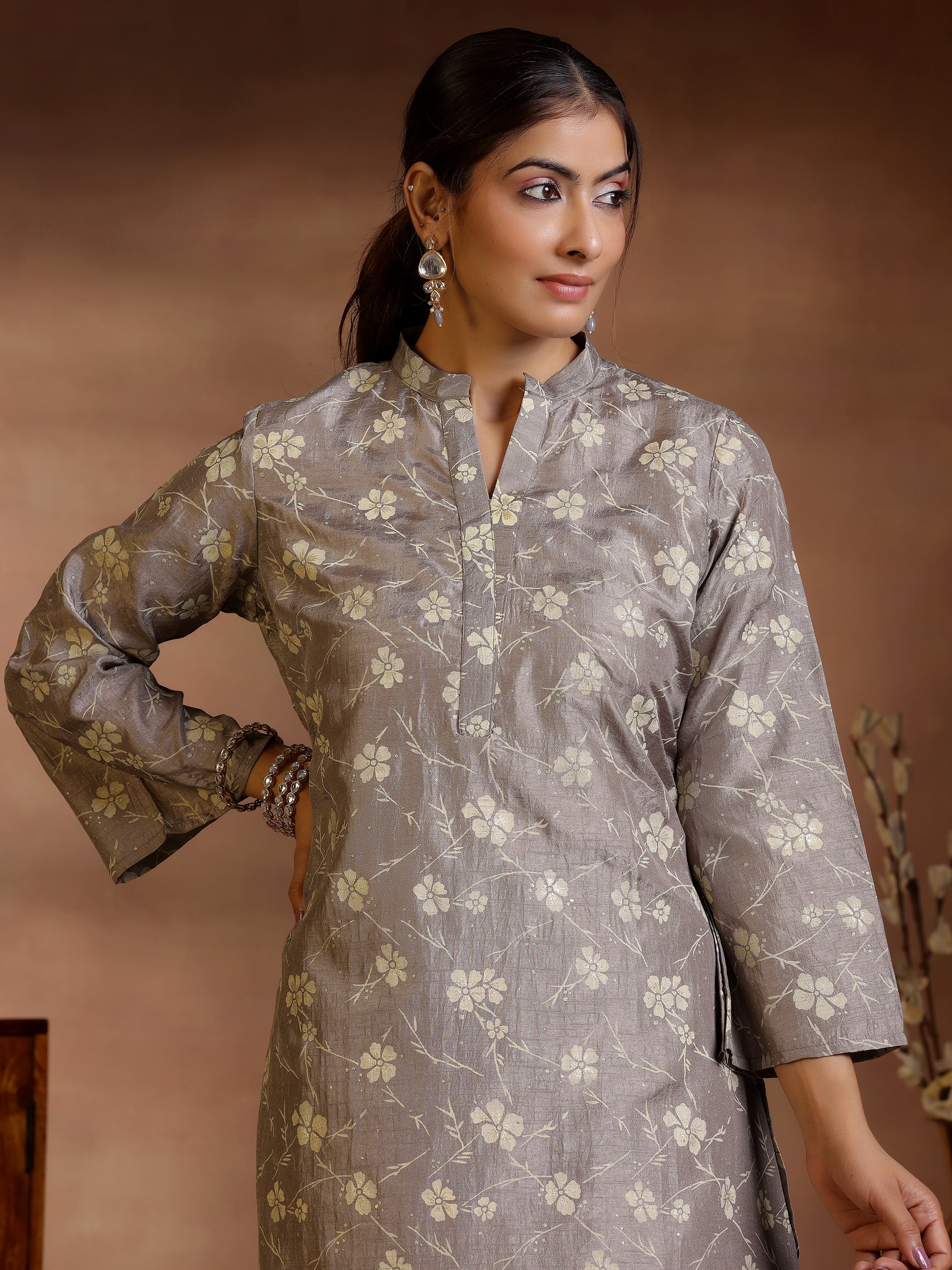 Grey Printed Silk Blend Straight Kurta Set