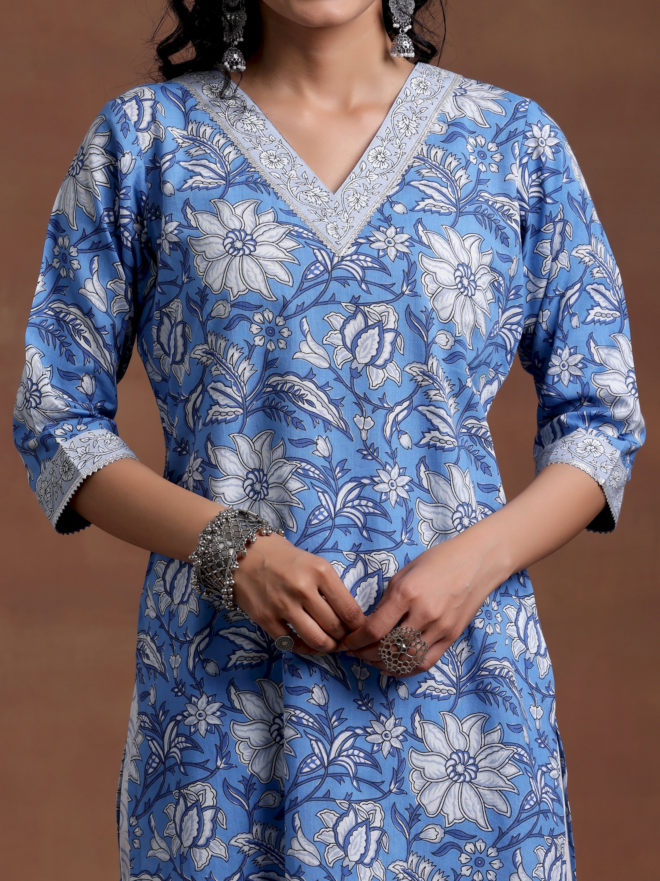 Blue Printed Cotton Straight Suit With Dupatta