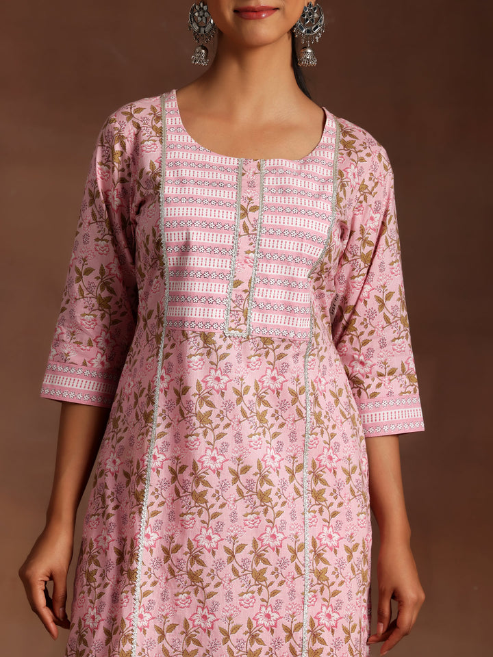 Pink Yoke Design Cotton Straight Kurta With Palazzos & Dupatta - ShopLibas