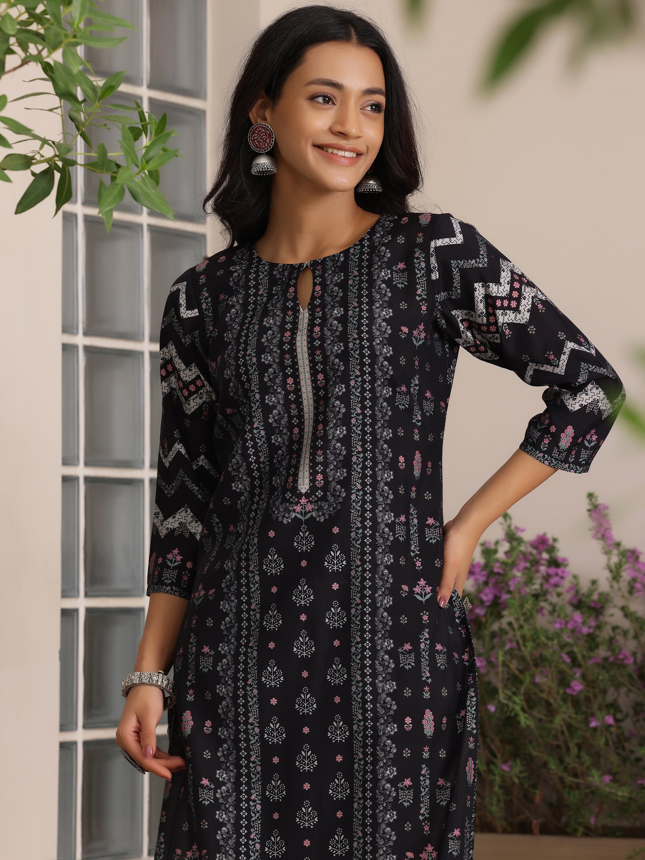 Black Printed Silk Blend Straight Suit With Dupatta