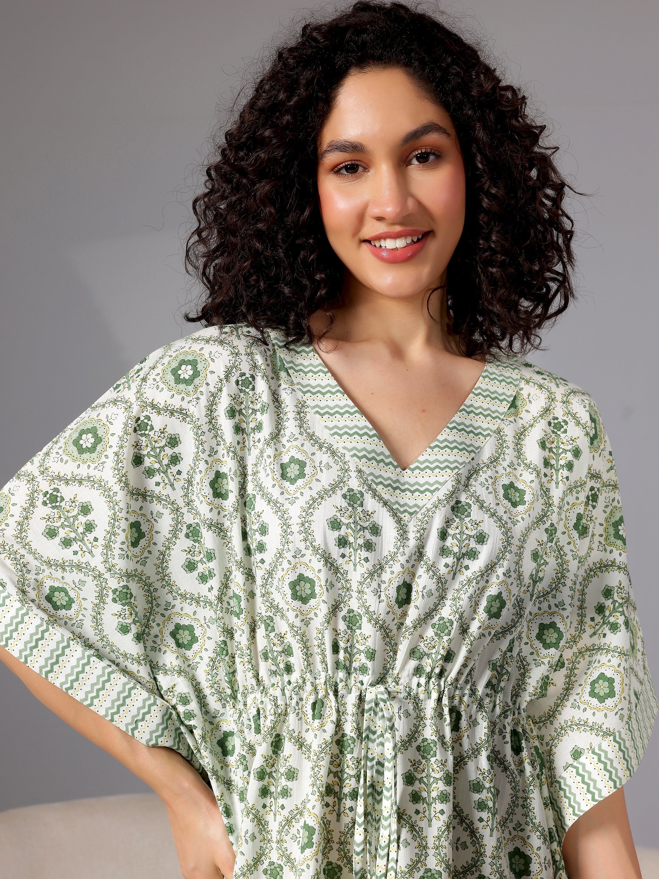 Green Printed Cotton Kaftan Night Dress