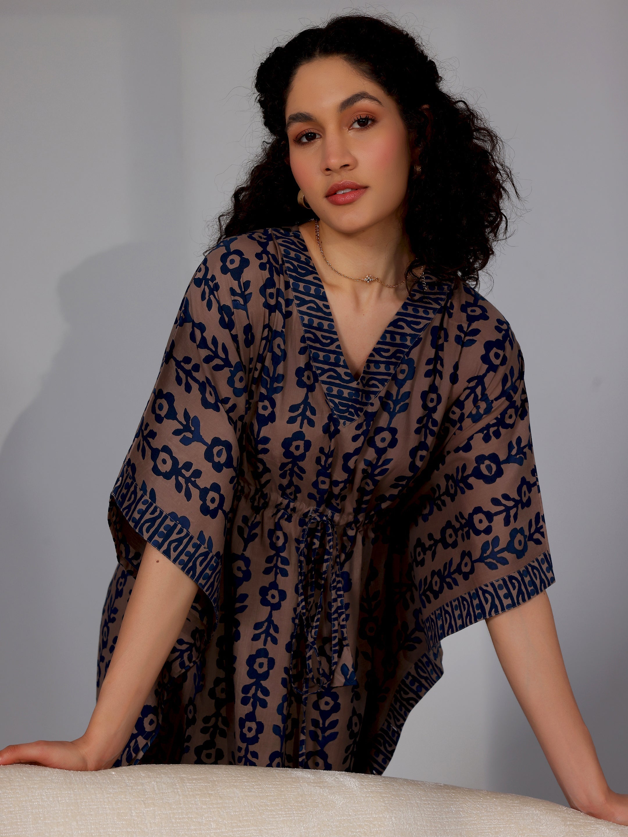 Blue Printed Cotton Kaftan Night Dress