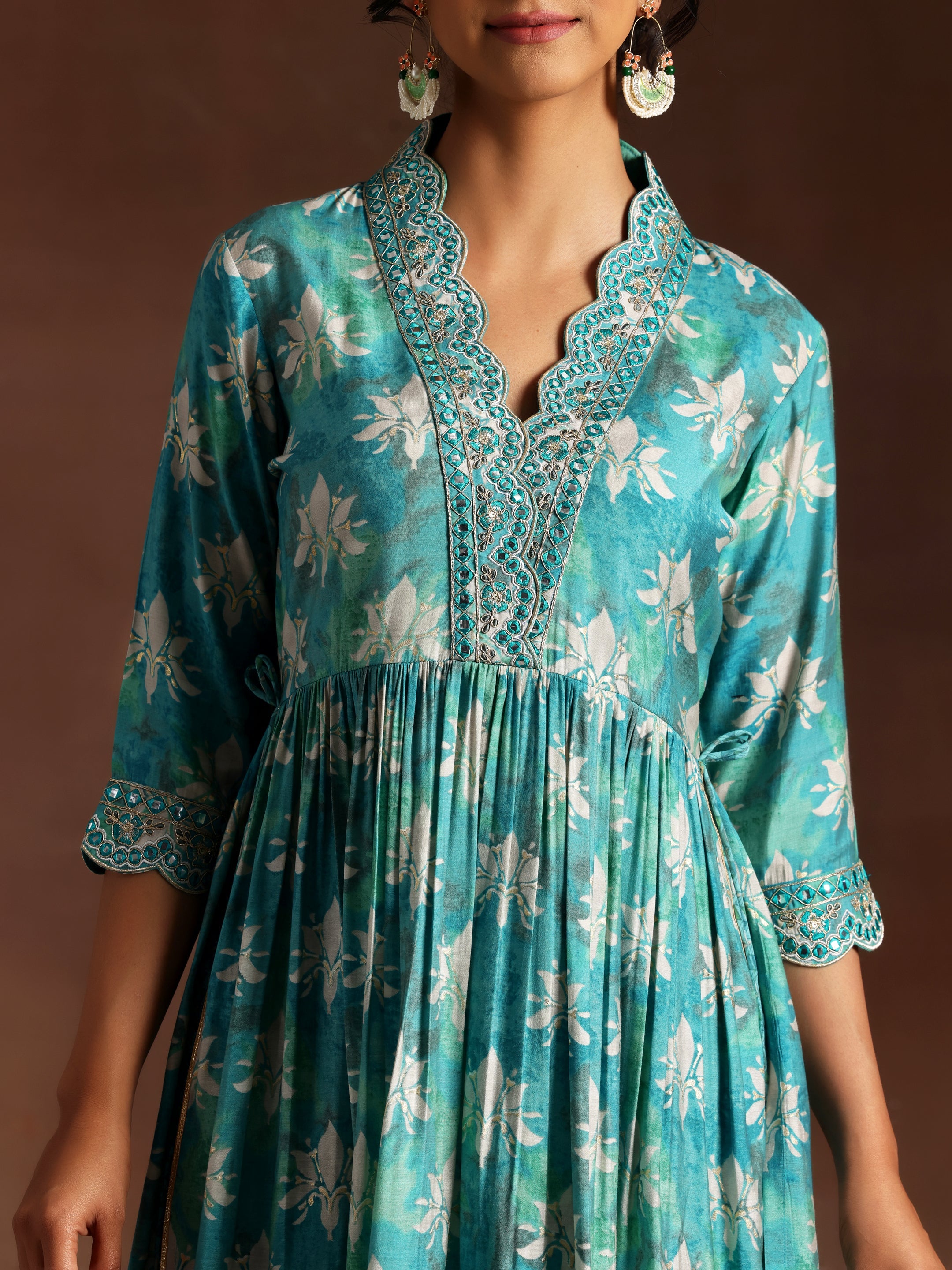 Blue Printed Silk Blend A-Line Kurta With Palazzos & Dupatta