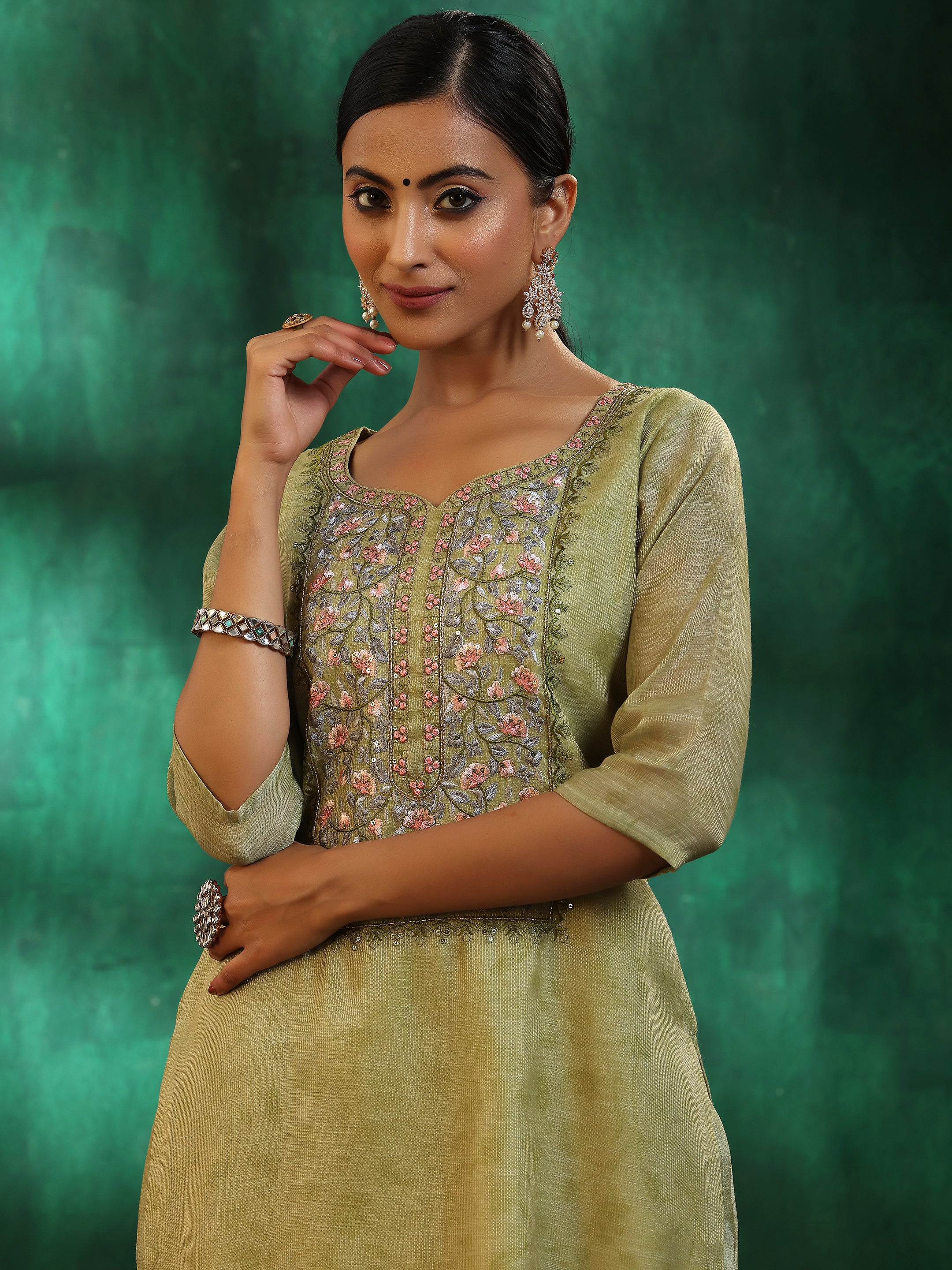 Green Yoke Design Silk Blend Straight Suit With Dupatta