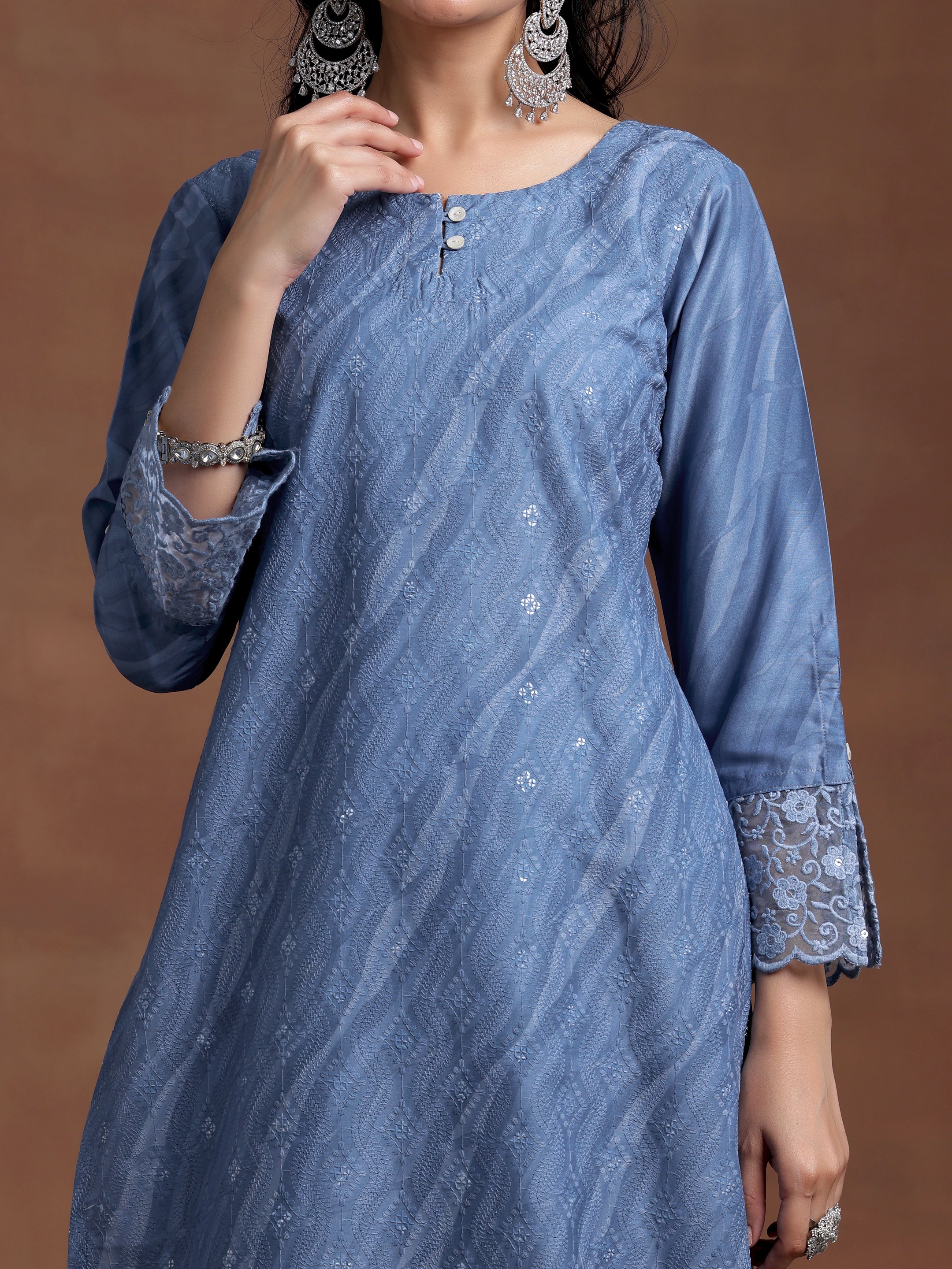 Blue Embroidered Silk Blend Straight Suit With Dupatta