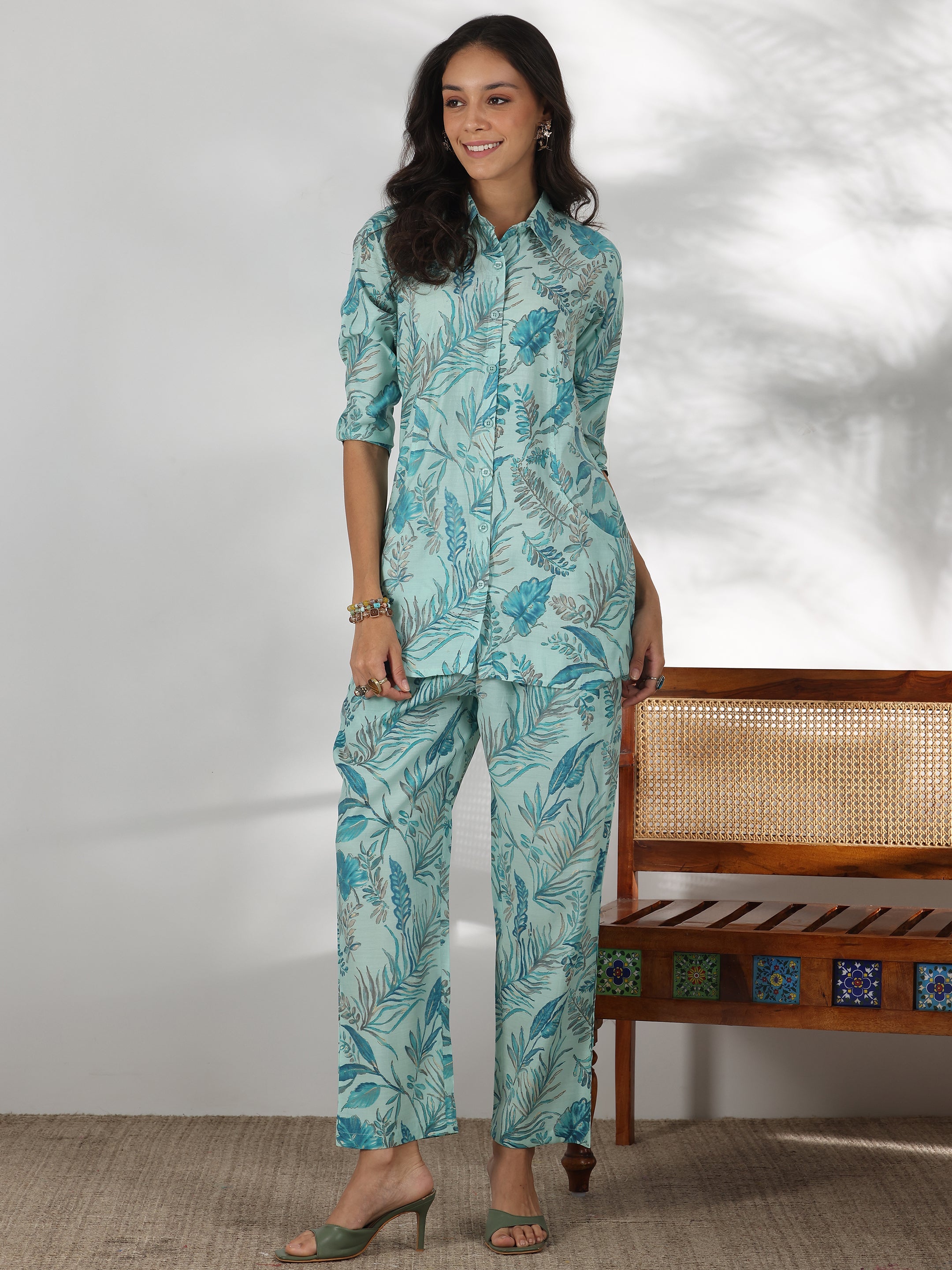 Blue Printed Silk Blend Co-Ords