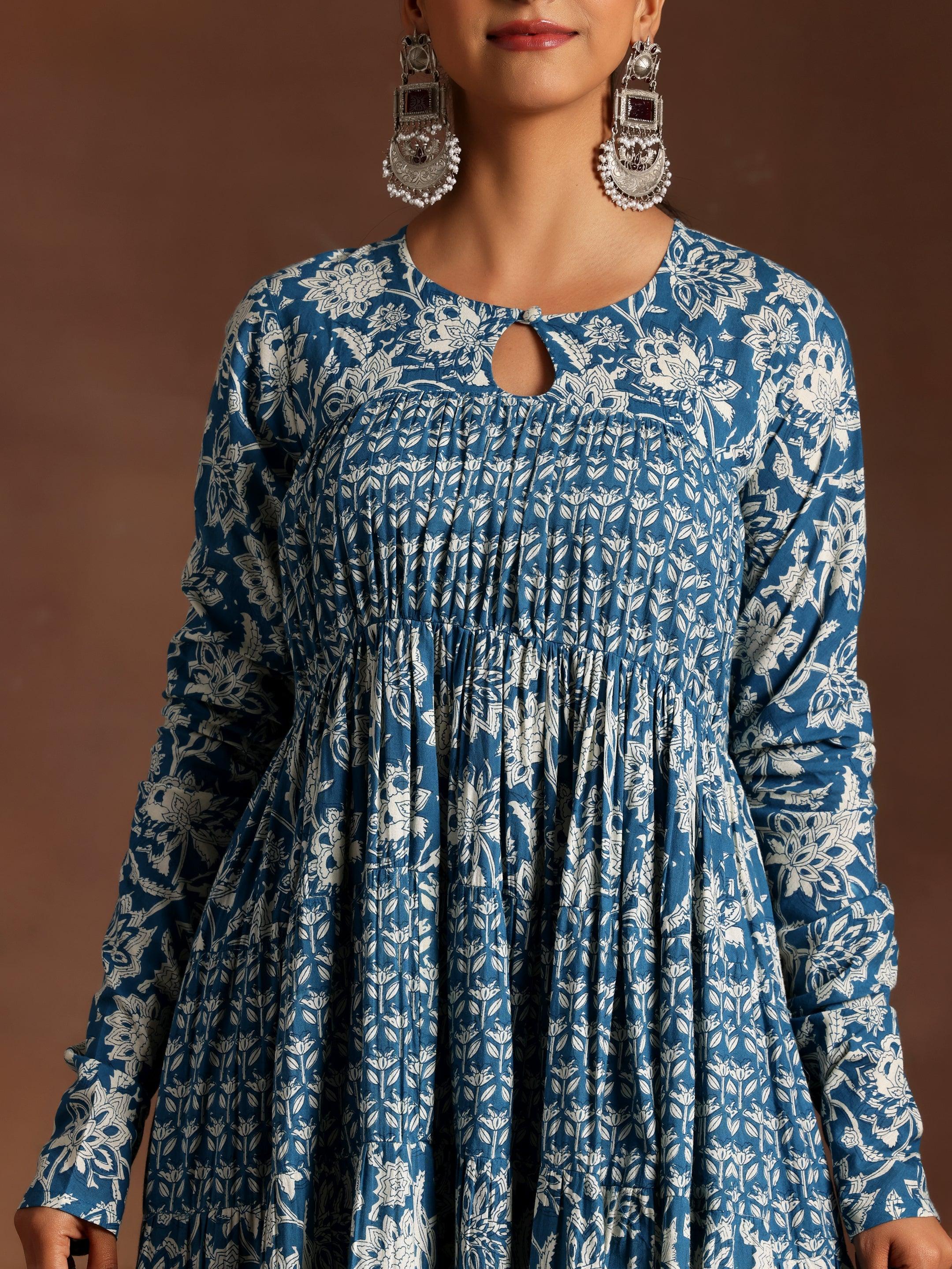 Blue Printed Cotton A-Line Kurta With Trousers & Dupatta