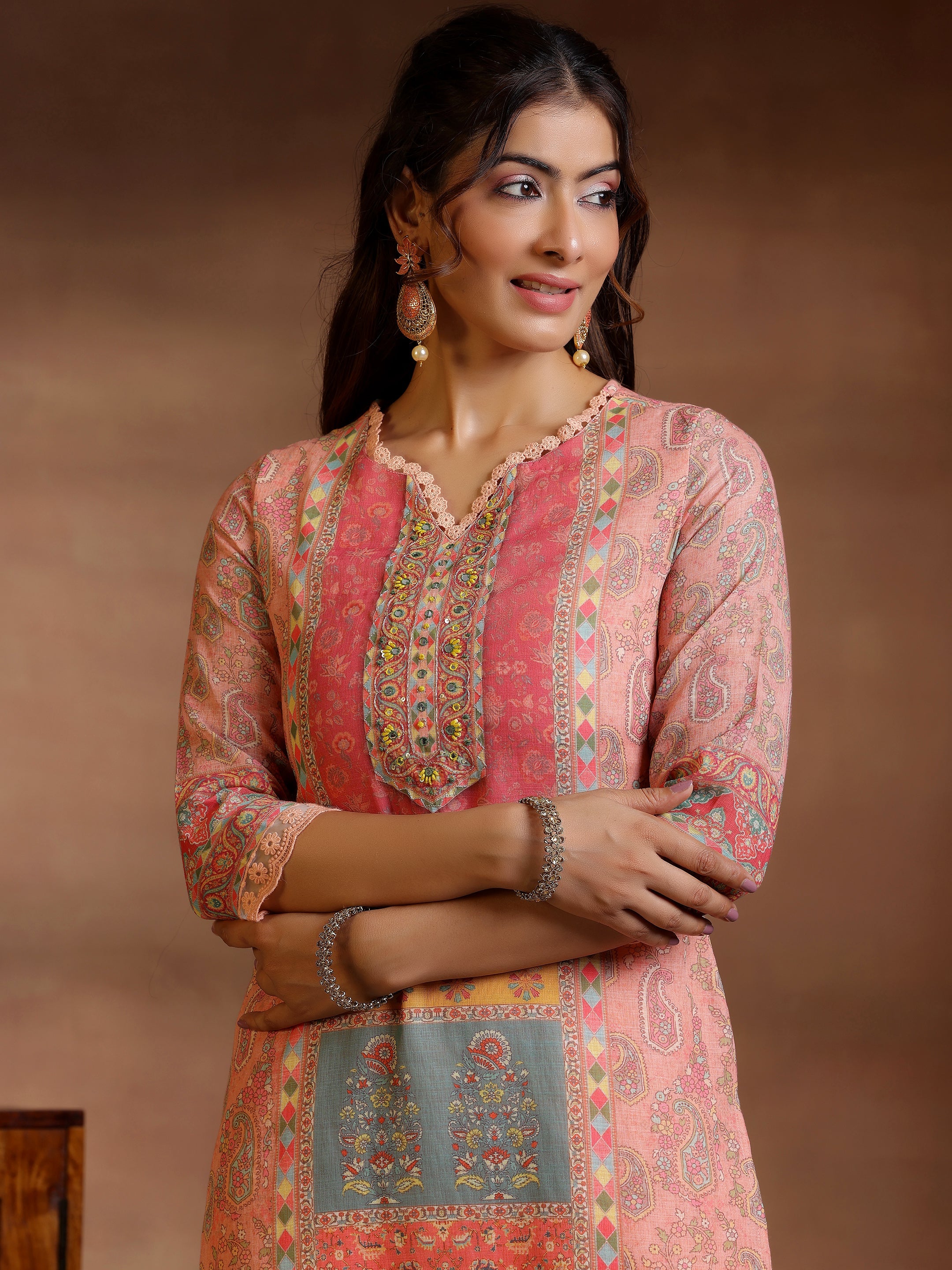 Peach Printed Linen Straight Suit With Dupatta