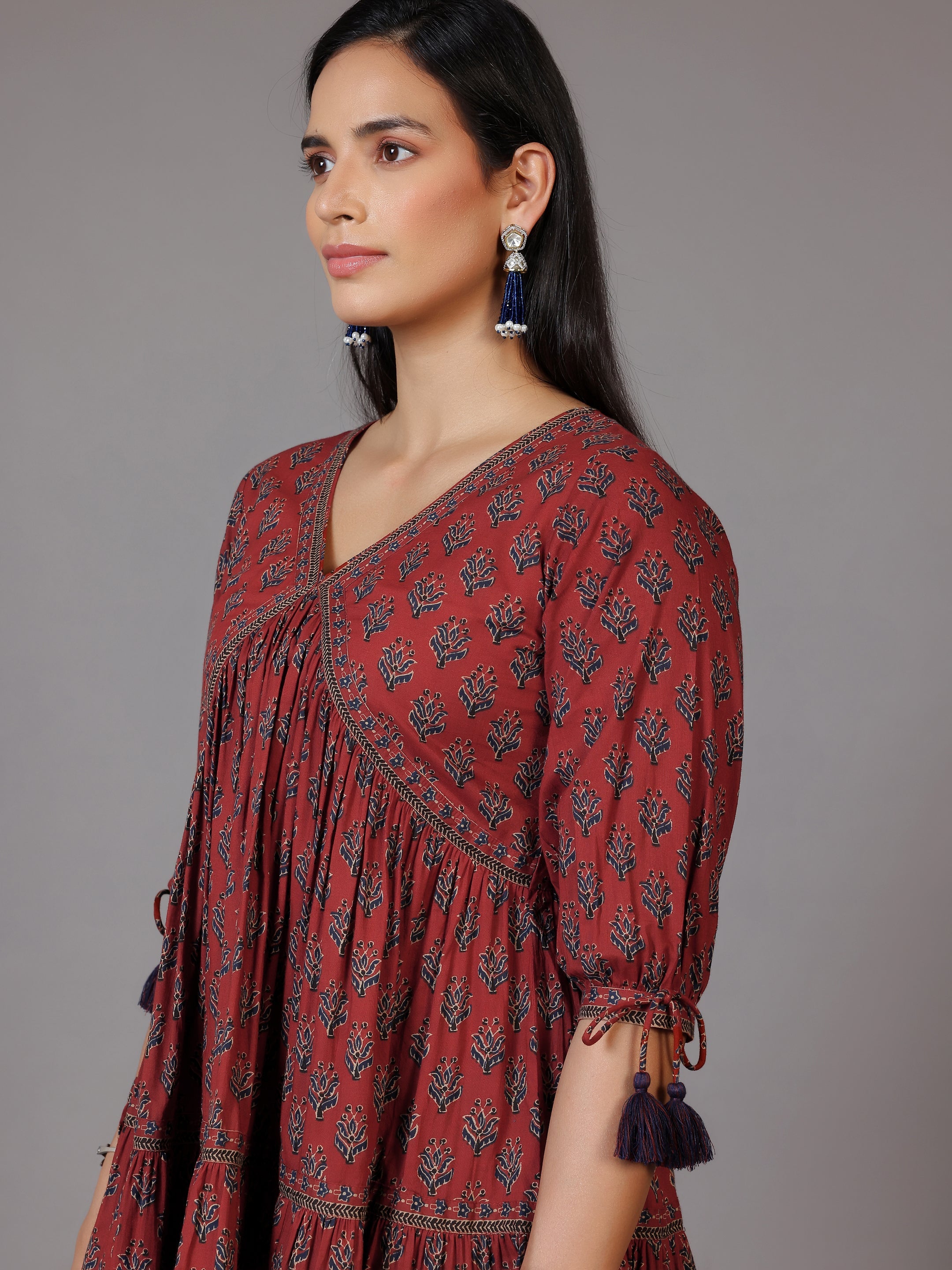 Rust Printed Cotton A-Line Kurti