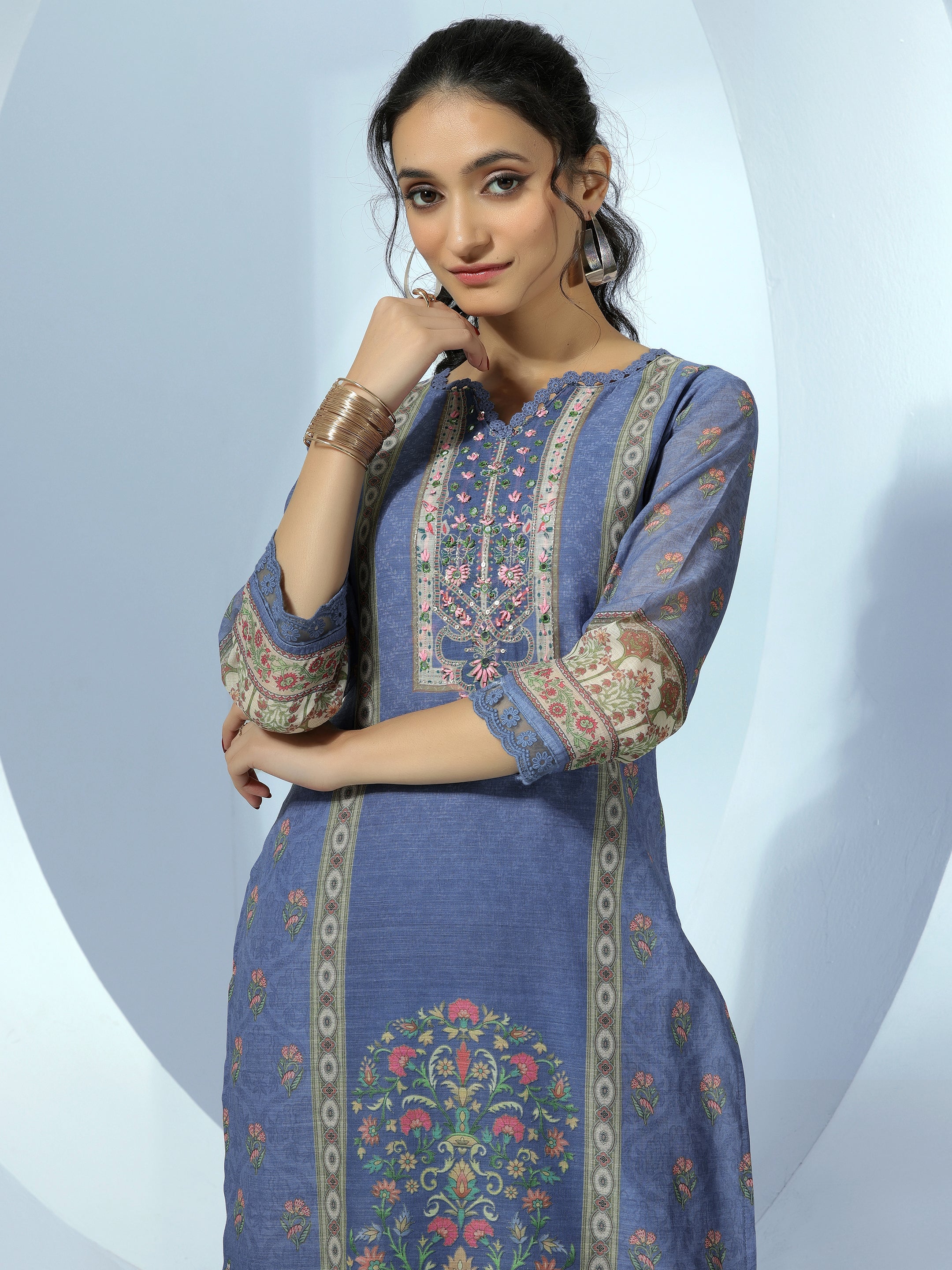 Blue Printed Linen Straight Suit With Dupatta