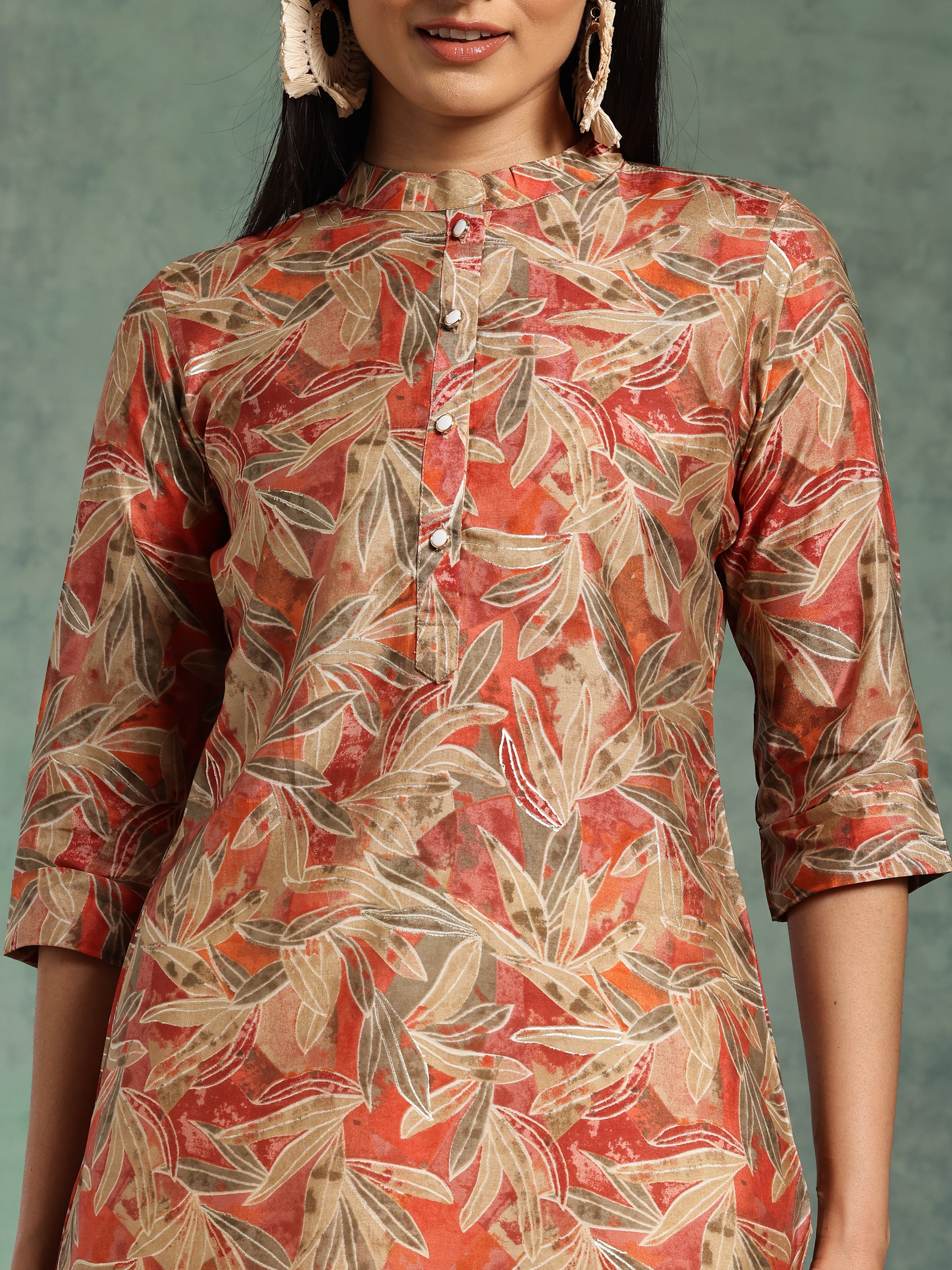 Beige Printed Silk Blend Straight Kurti