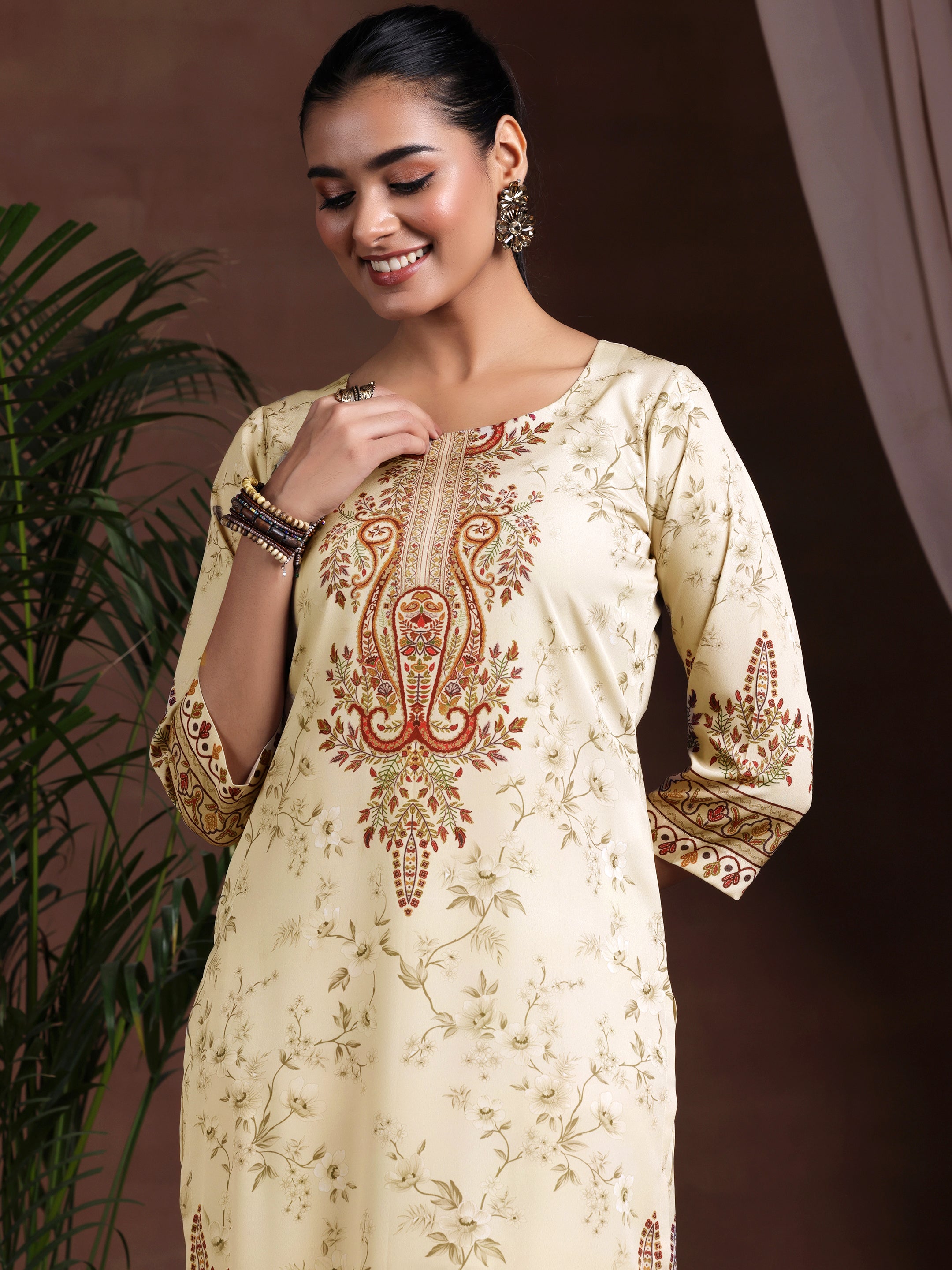 Beige Printed Poly Crepe Straight Suit With Dupatta