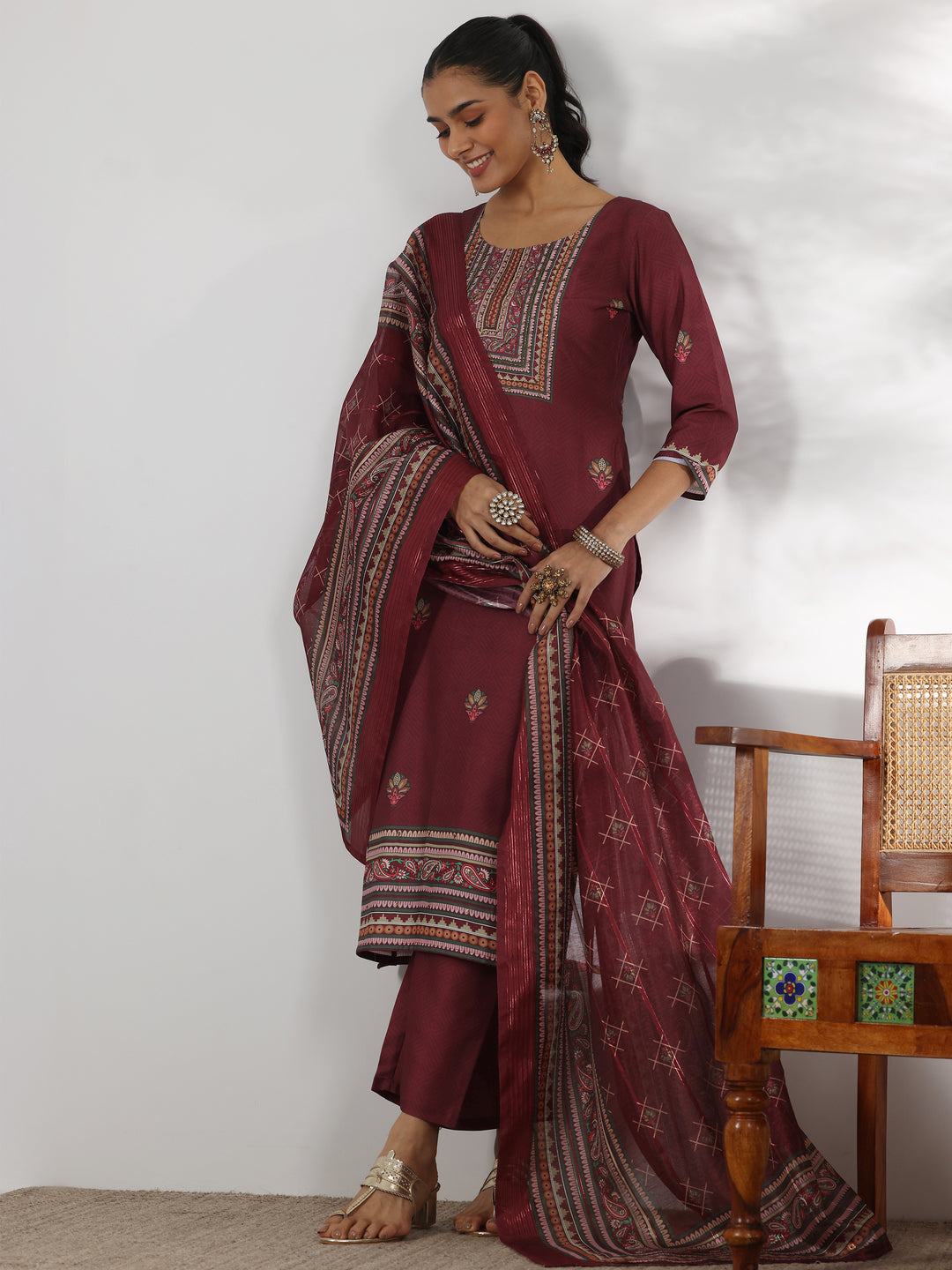 Maroon Printed Silk Blend Straight Suit With Dupatta