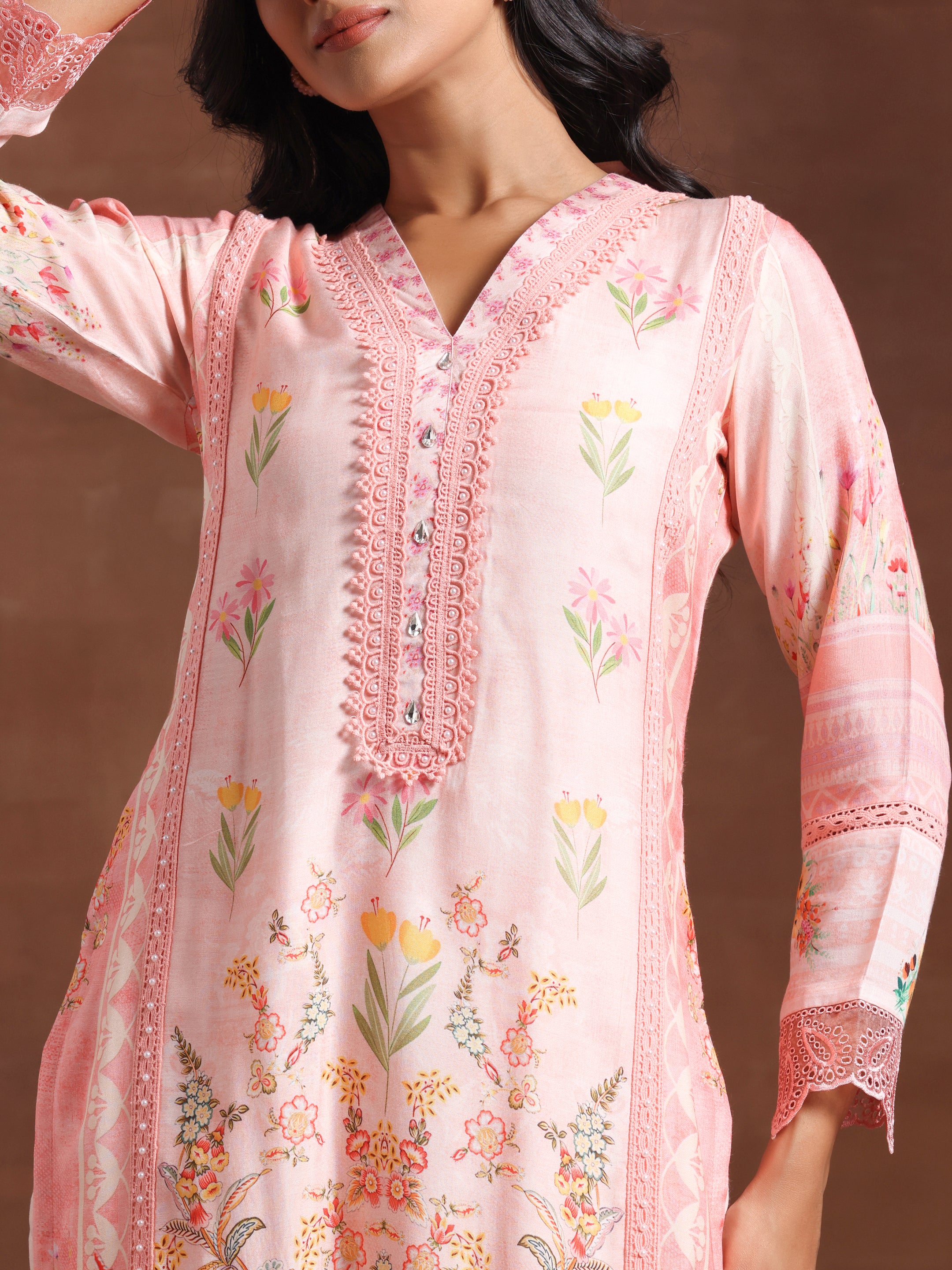 Pink Printed Silk Blend Straight Suit With Dupatta