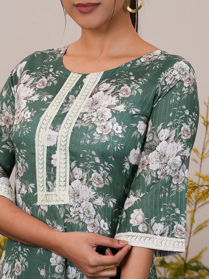 Green Printed Cotton Straight Kurta With Palazzos & Dupatta - ShopLibas