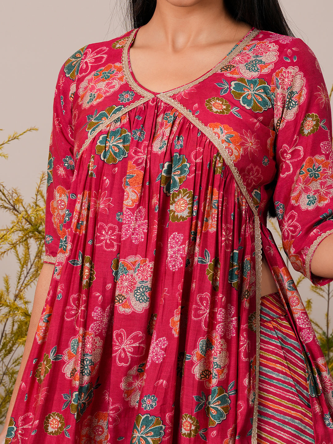 Pink Printed Silk Blend A-Line Kurta With Palazzos & Dupatta