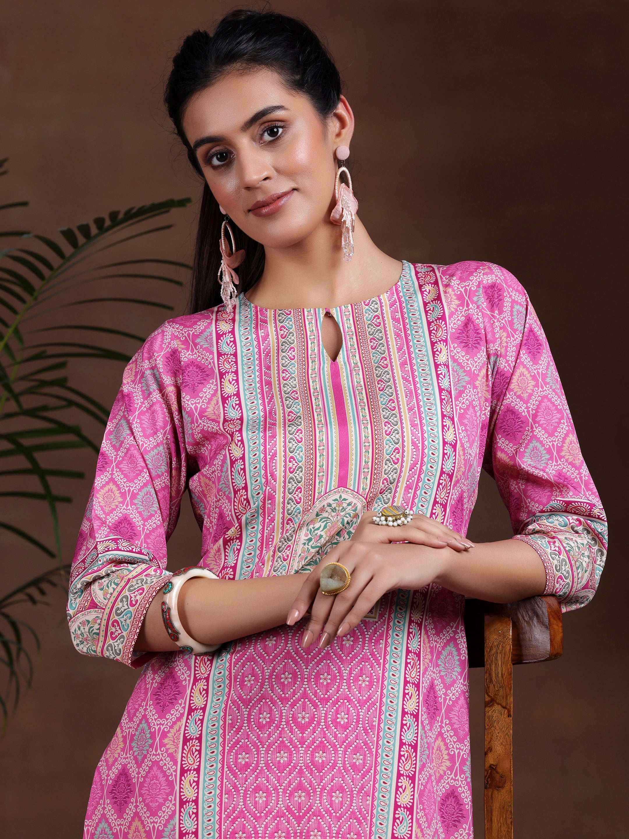 Pink Printed Crepe Straight Kurta