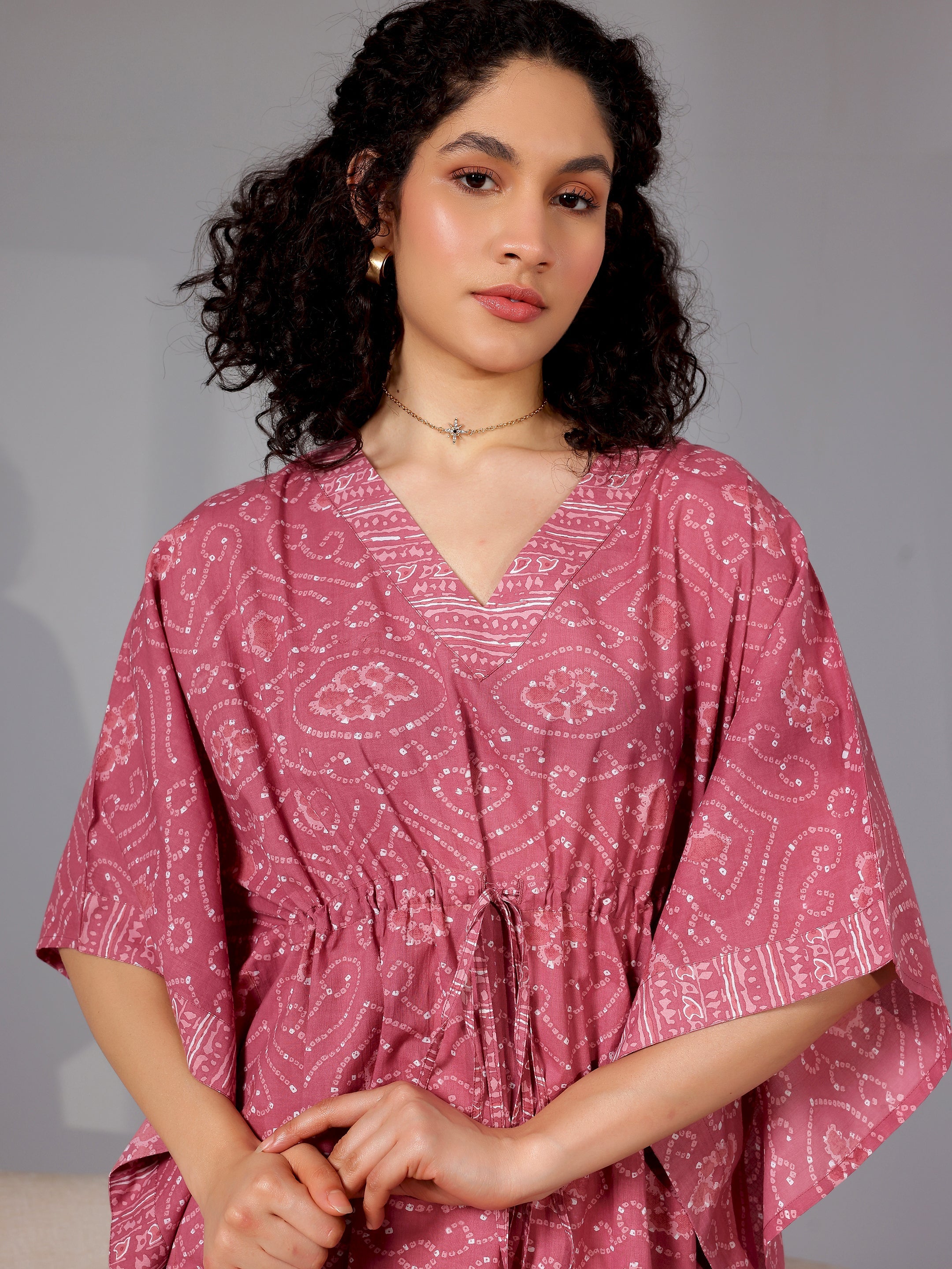 Mauve Printed Cotton Kaftan Night Dress