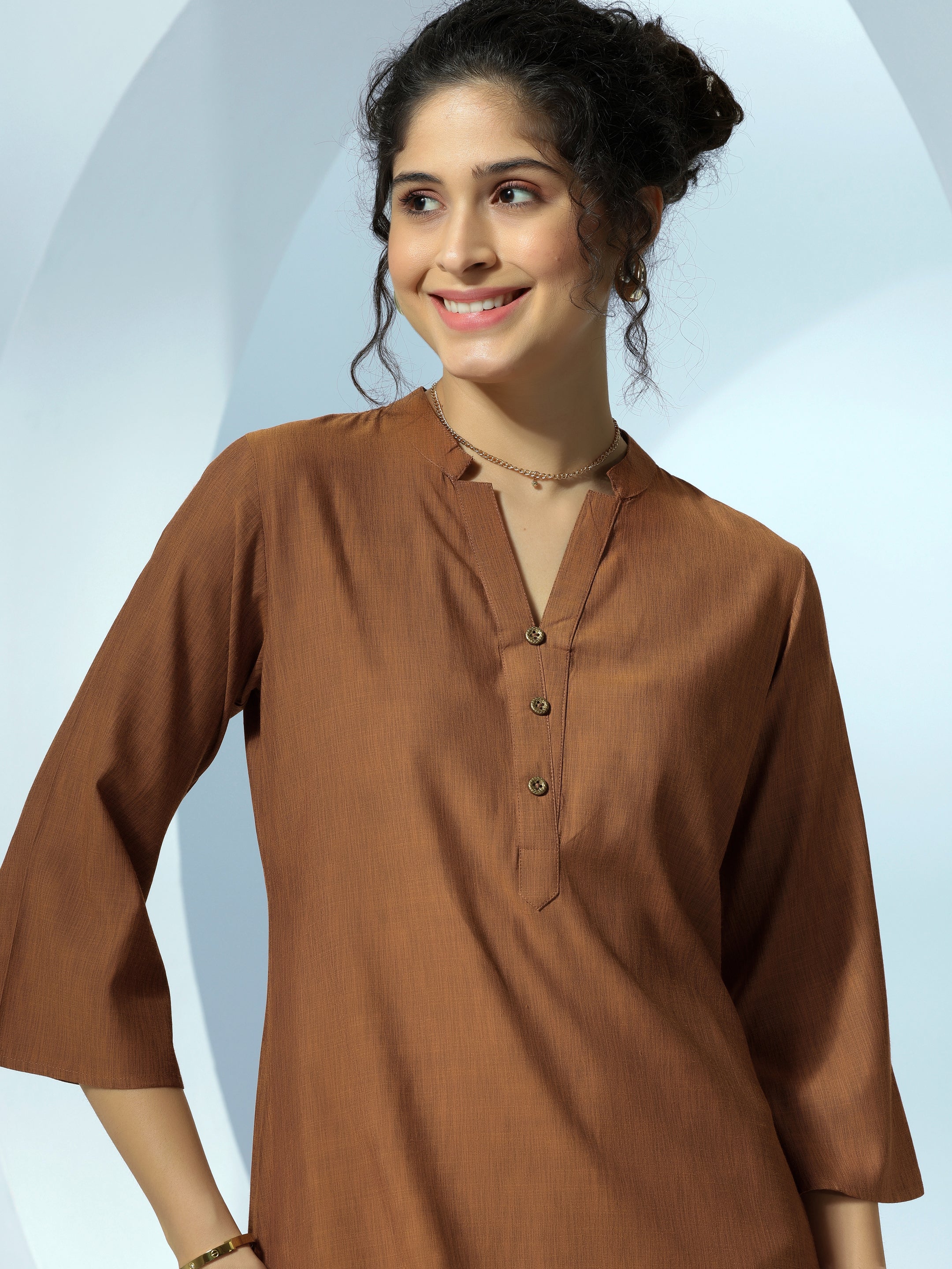 Brown Solid Cotton Blend Straight Kurti