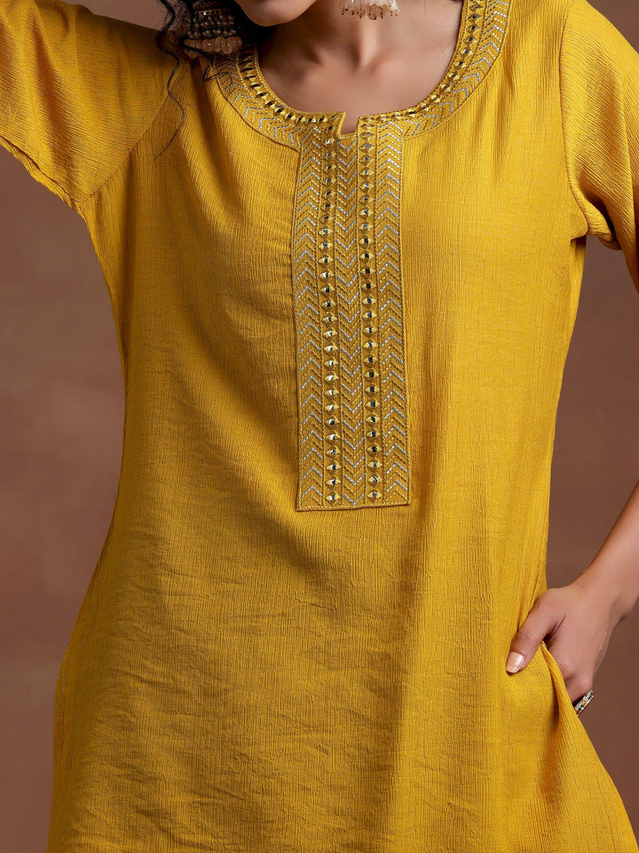 Mustard Self Design Cotton Blend Kurti - Libas