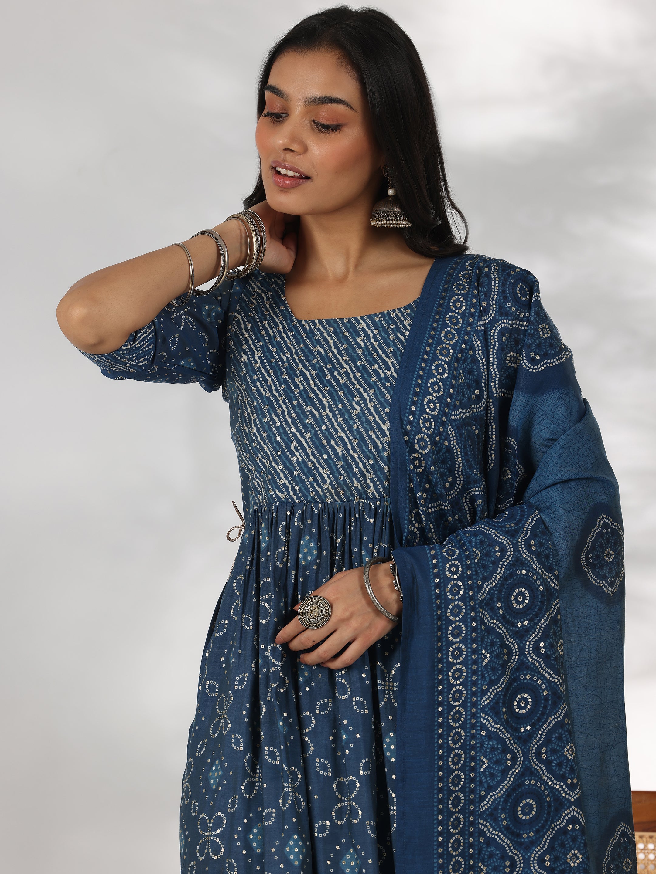 Blue Printed Silk Blend A-Line Kurta With Trousers & Dupatta