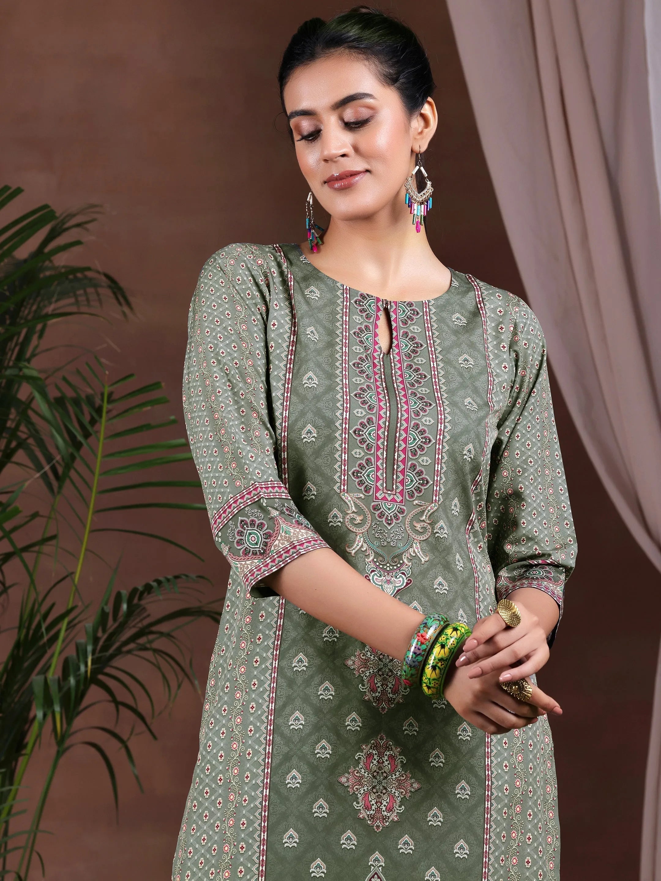 Grey Printed Poly Crepe Straight Suit With Dupatta