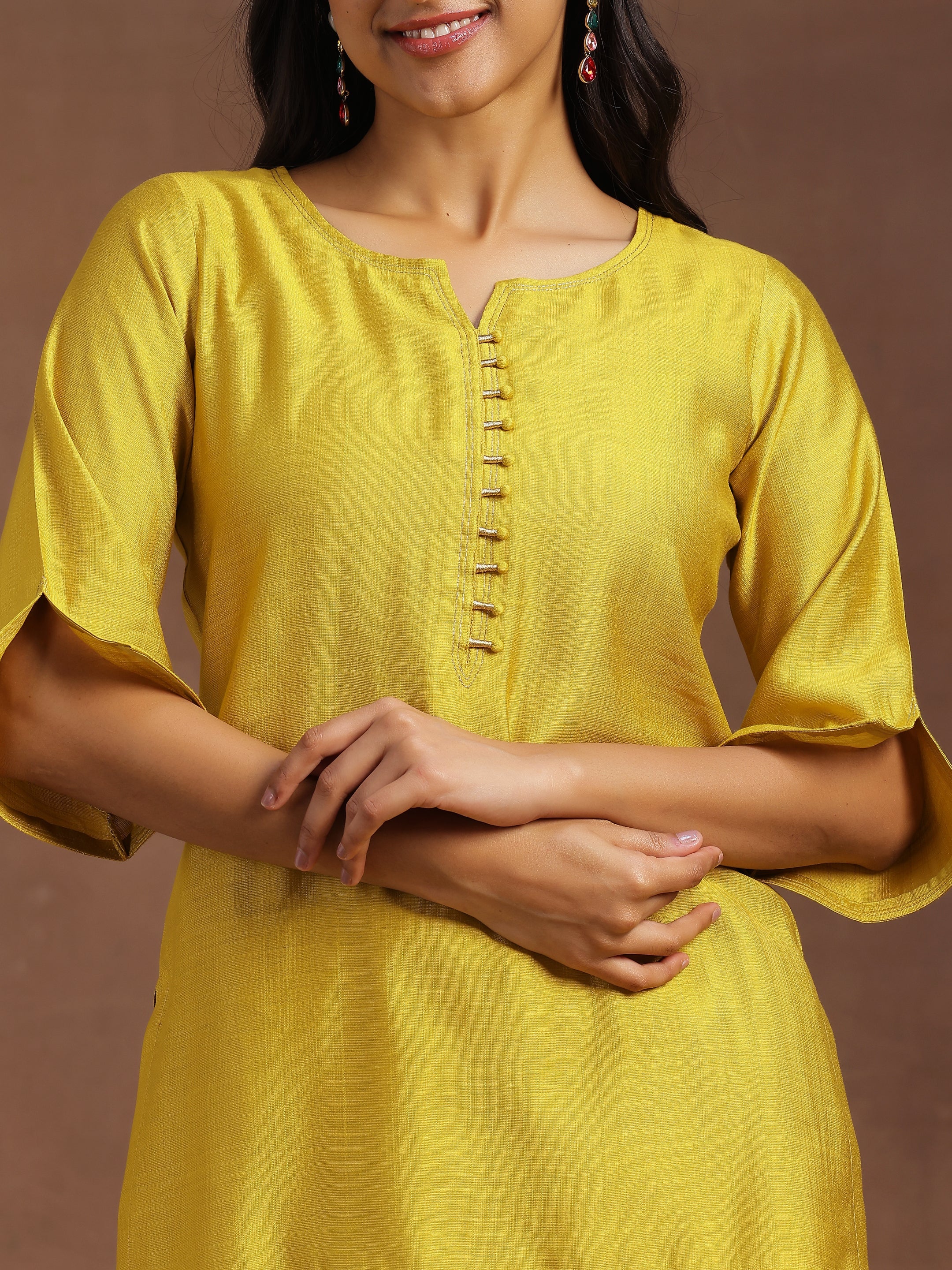 Yellow Solid Silk Blend Straight Kurti