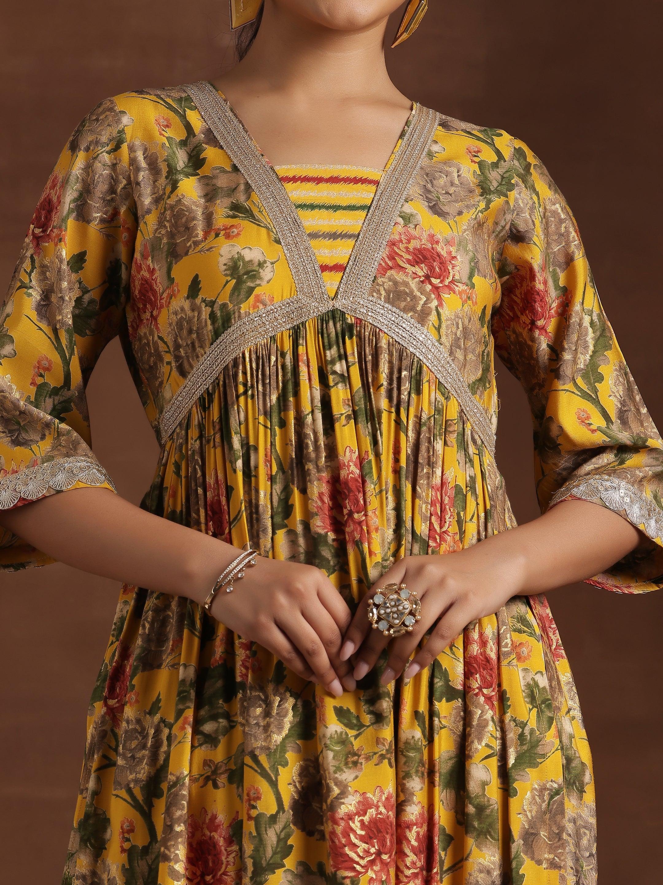 Yellow Printed Silk Blend A-Line Kurta With Trousers & Dupatta