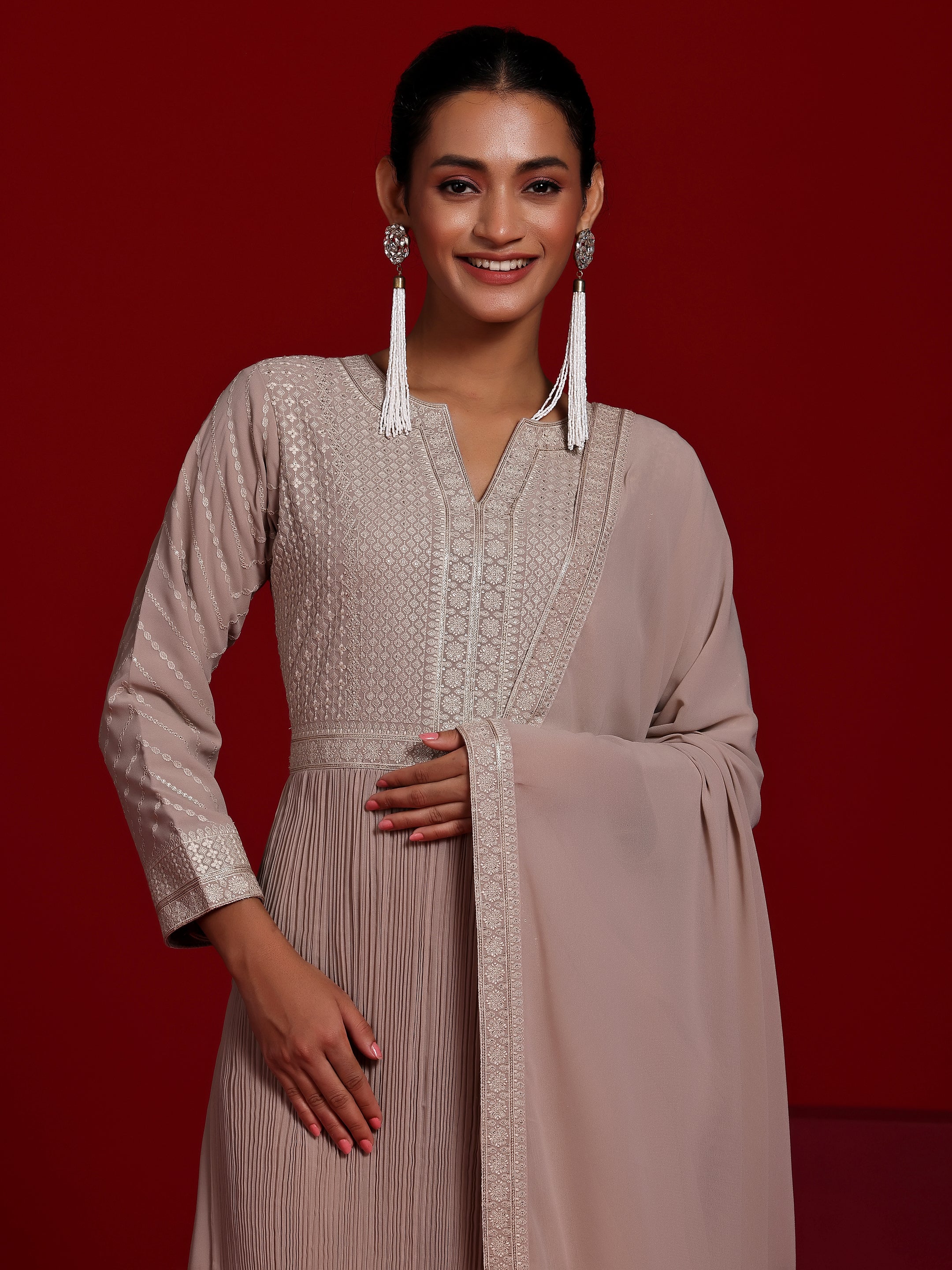 Libas Art Beige Embroidered Georgette A-Line Kurta With Palazzos & Dupatta