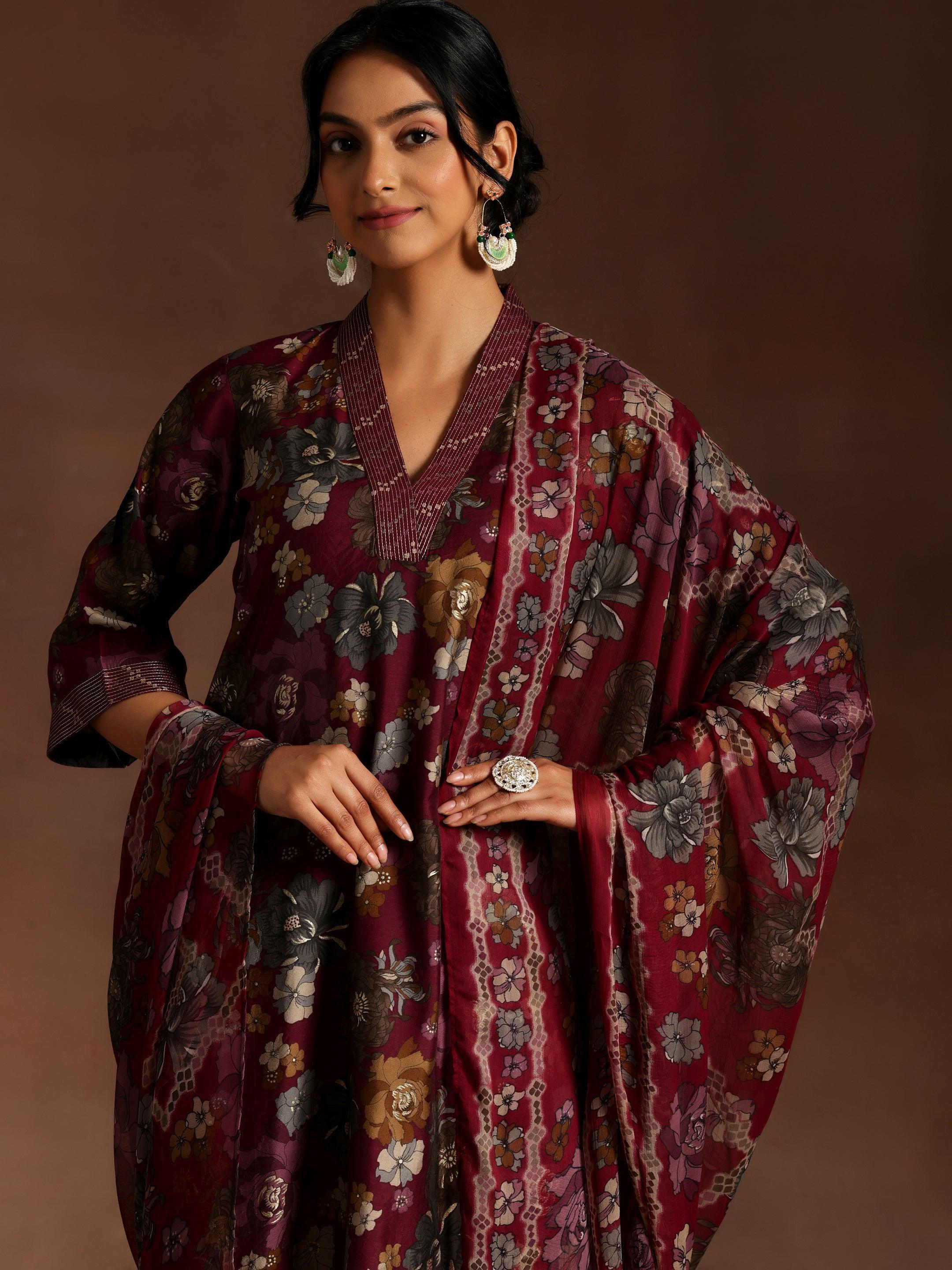 Burgundy Printed Silk Blend Straight Suit With Dupatta