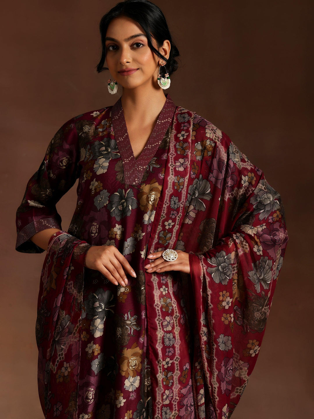 Burgundy Printed Silk Blend Straight Kurta With Trousers & Dupatta - ShopLibas