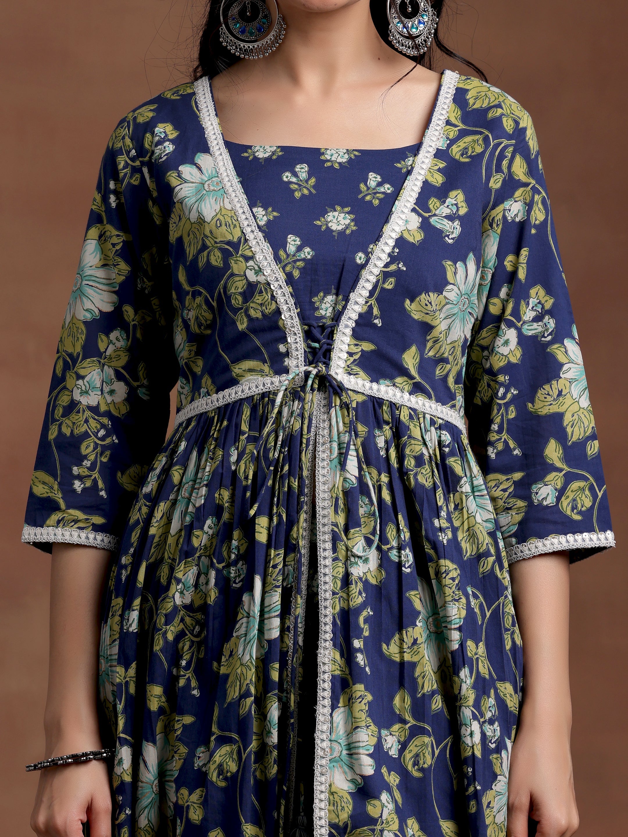 Blue Printed Cotton A-Line Kurta With Trousers