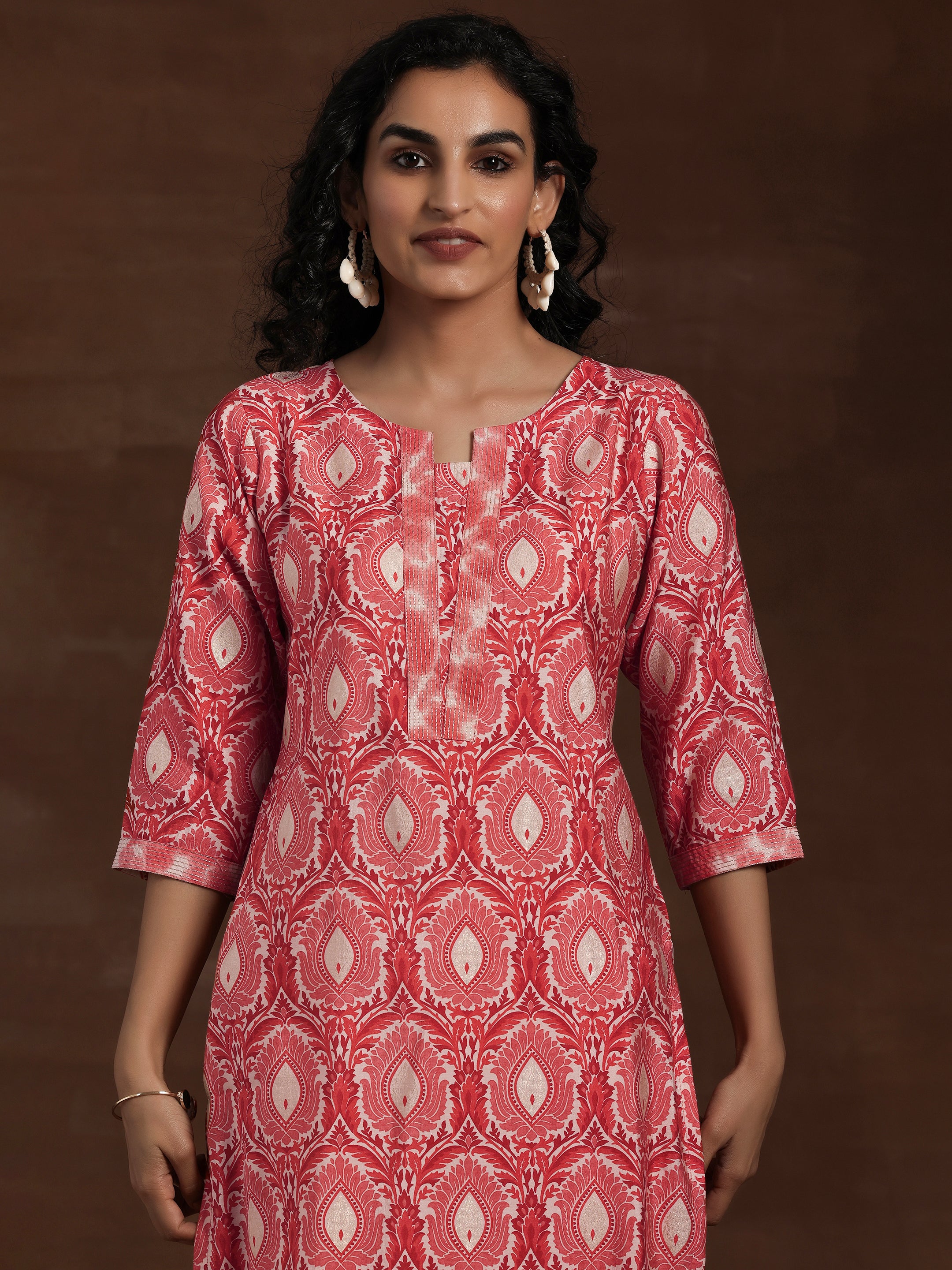 Peach Printed Silk Blend Straight Kurta Set