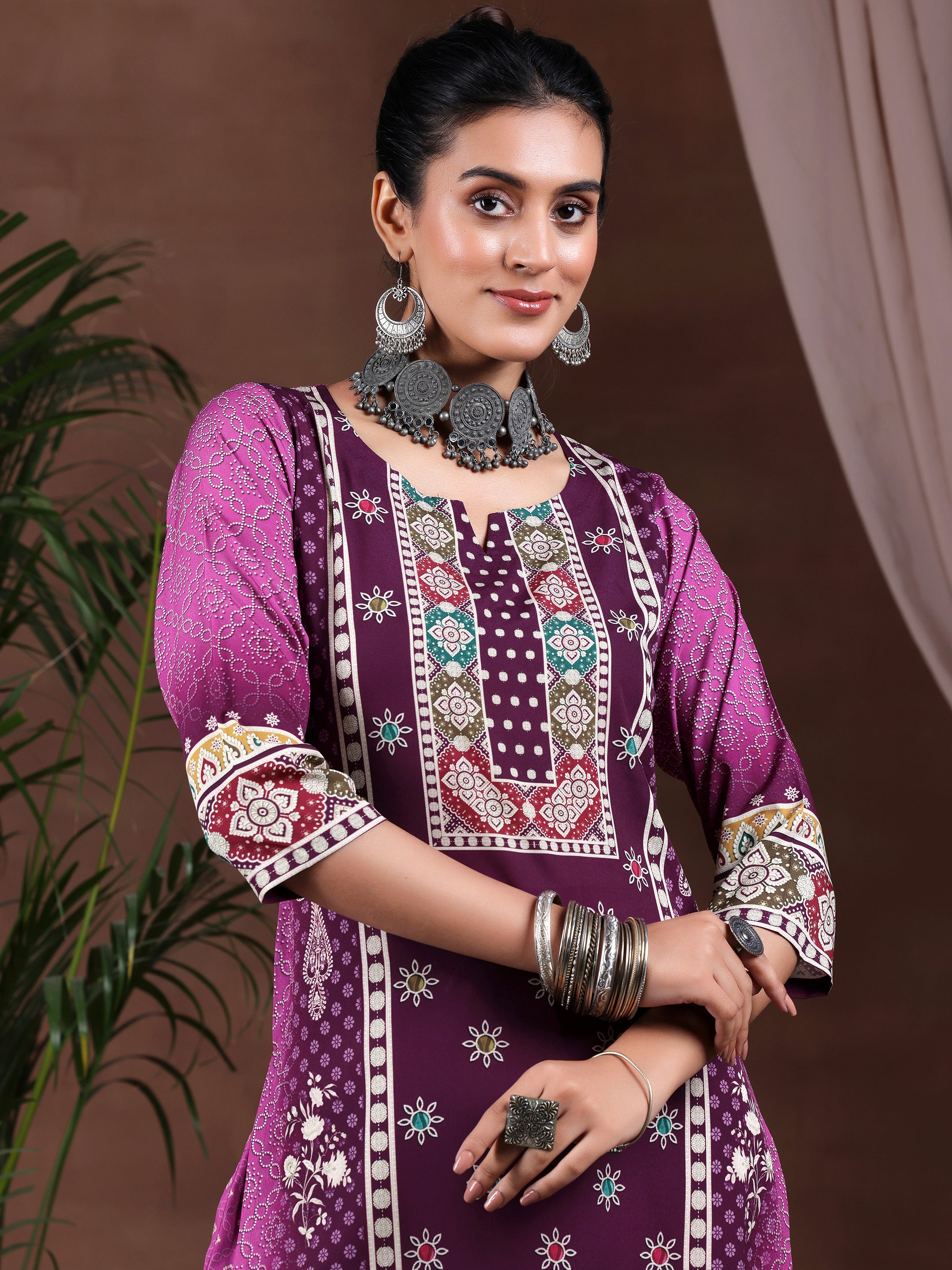 Wine Printed Poly Crepe Straight Suit With Dupatta