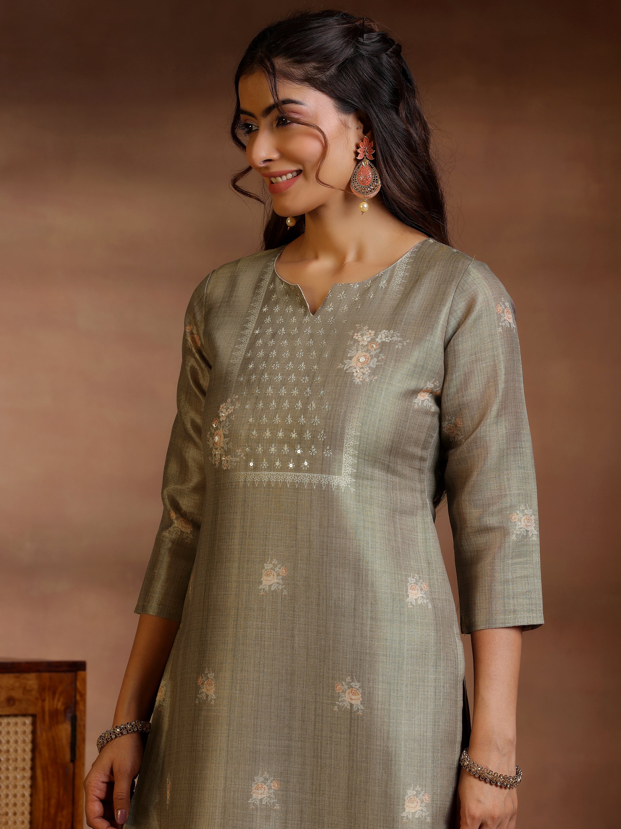 Brown Printed Silk Straight Suit With Dupatta