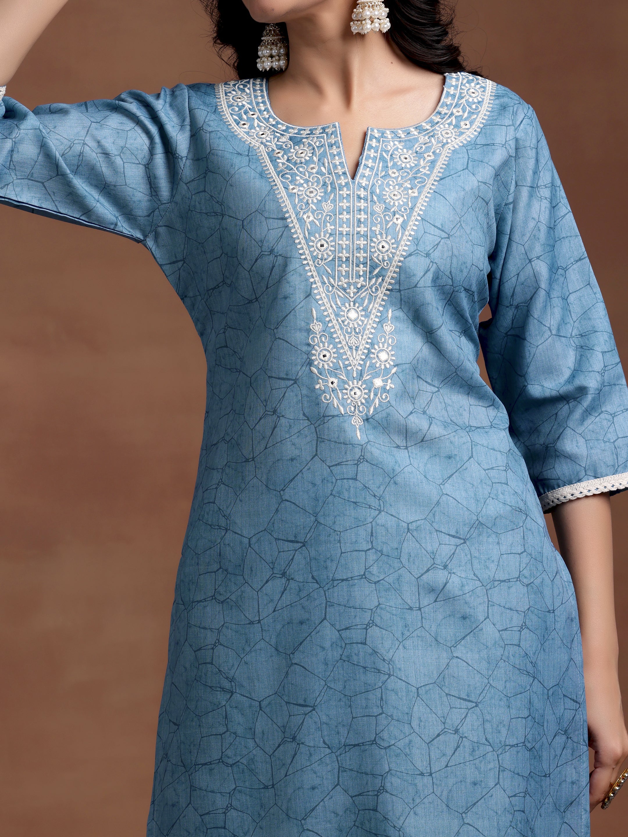 Blue Yoke Design Cotton Straight Suit With Dupatta