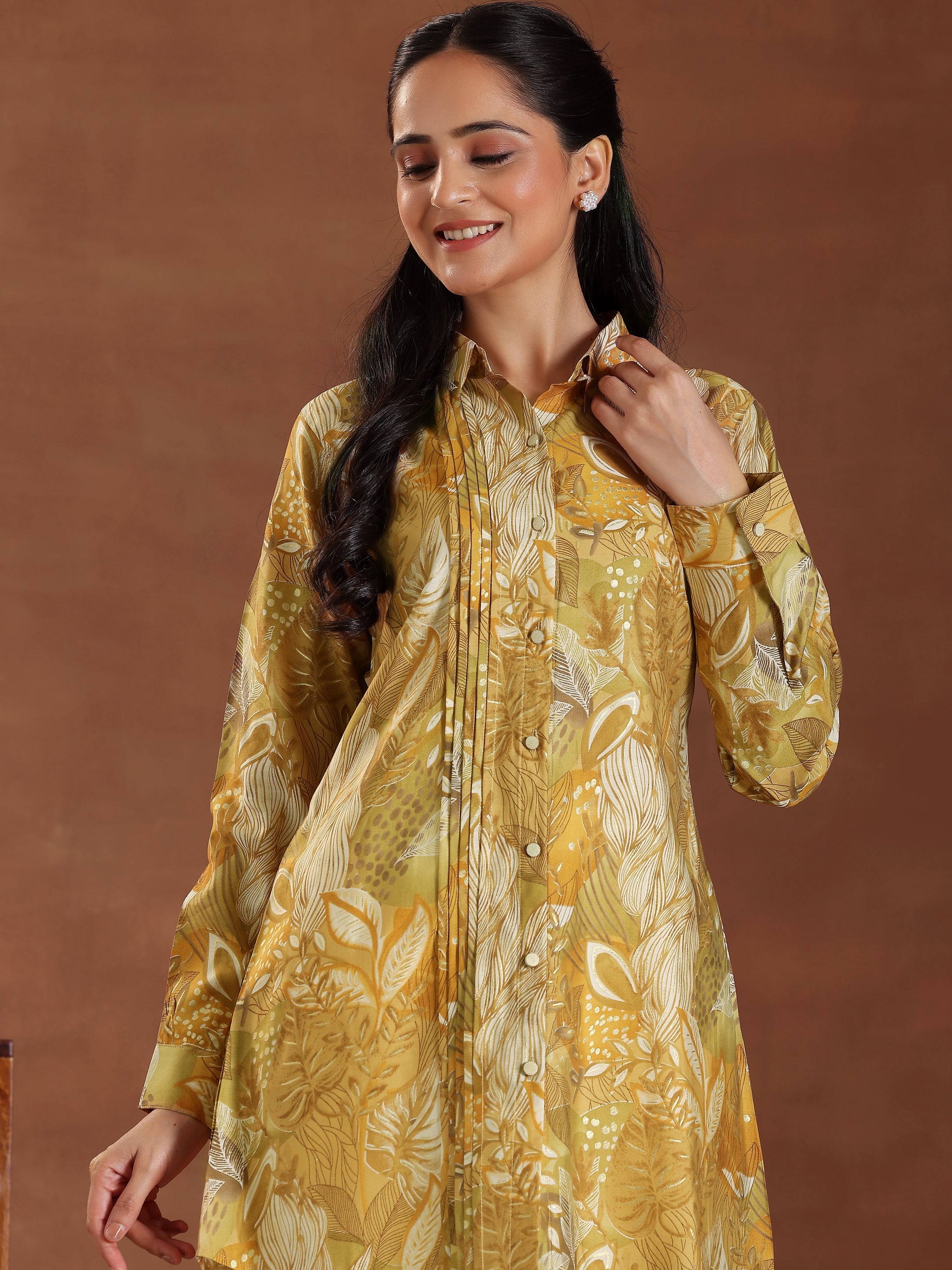 Mustard Printed Silk Blend Straight Kurti