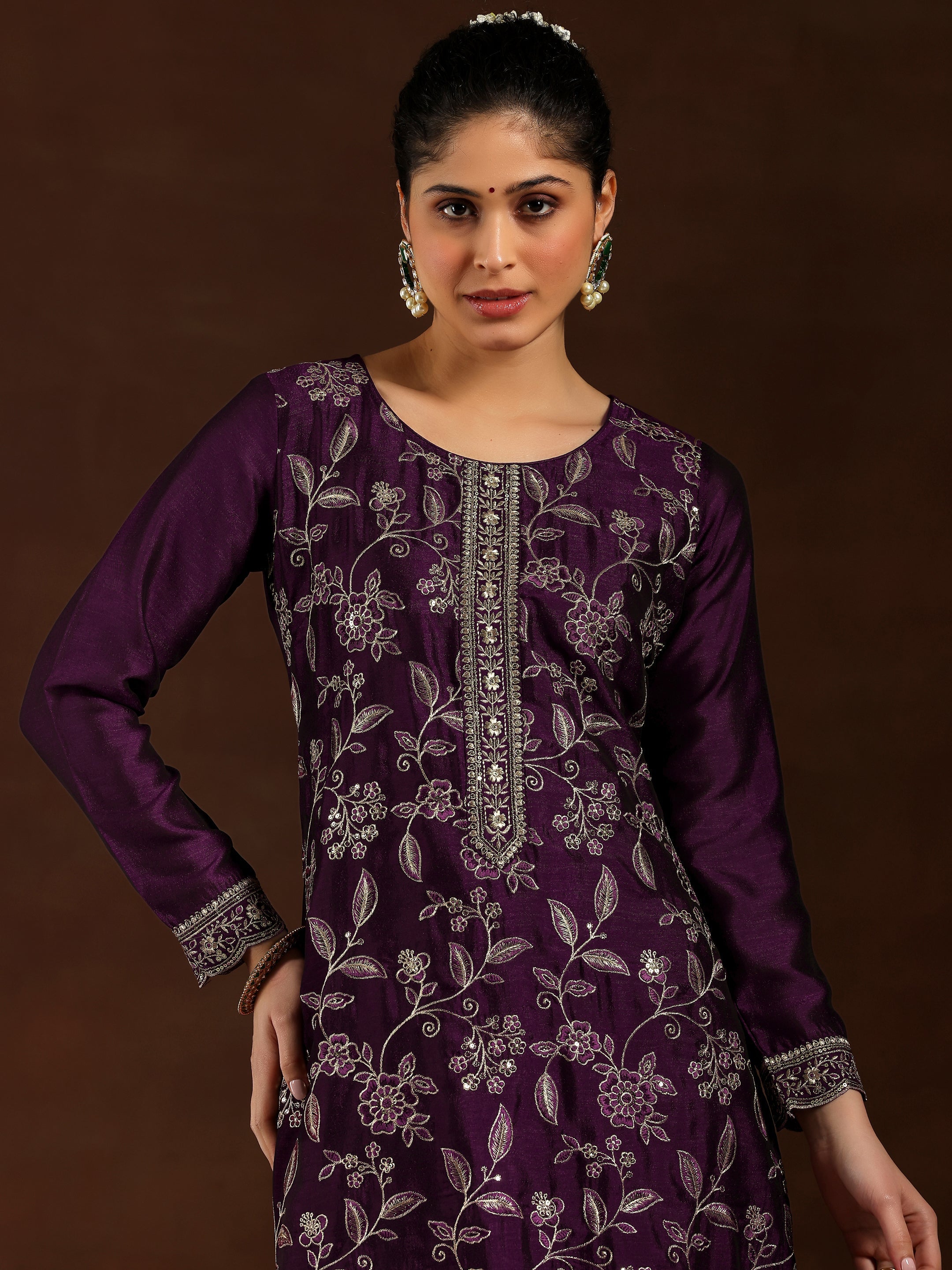 Wine Embroidered Silk Blend Straight Suit With Dupatta