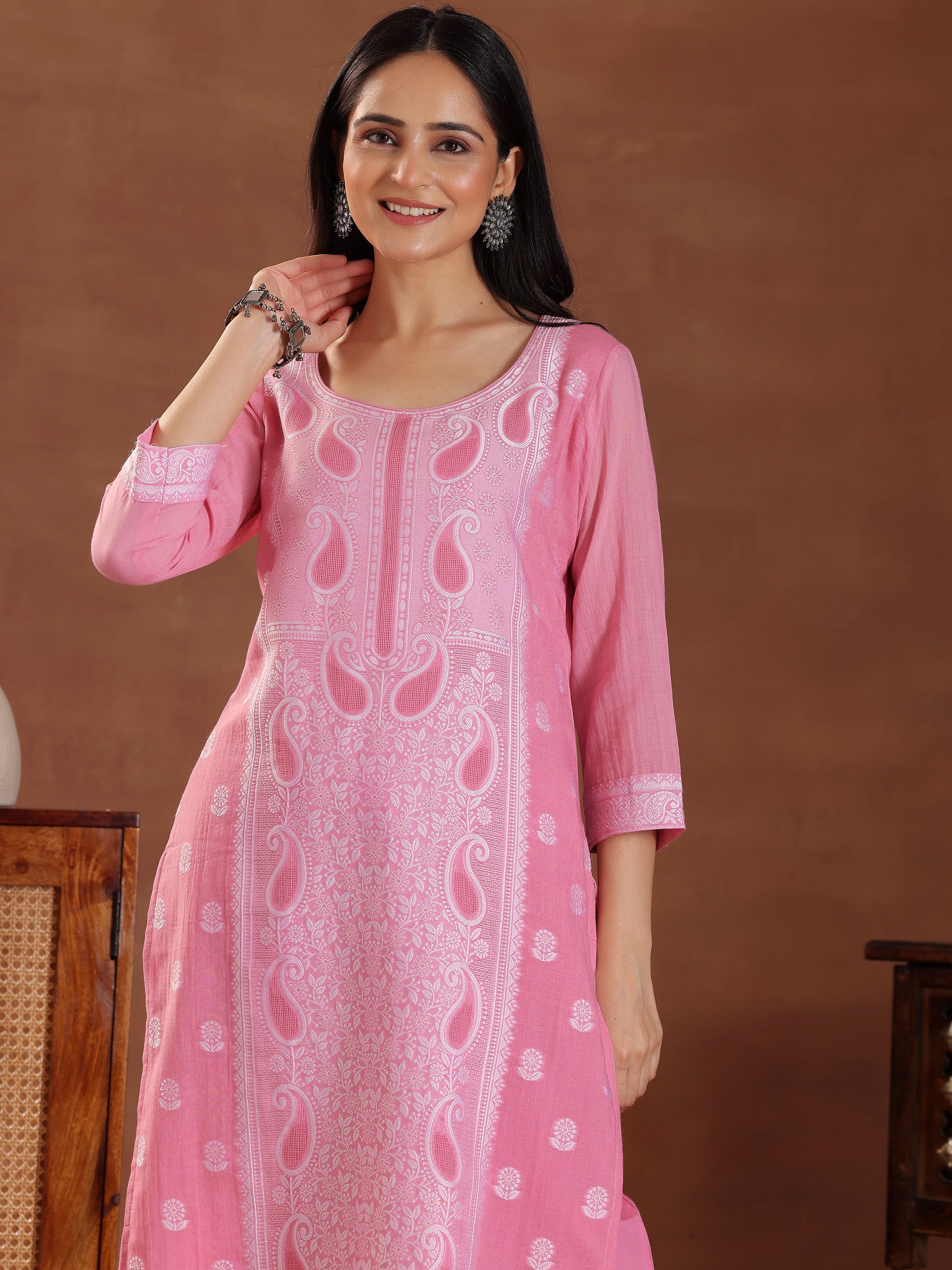 Pink Woven Design Cotton Straight Suit With Dupatta