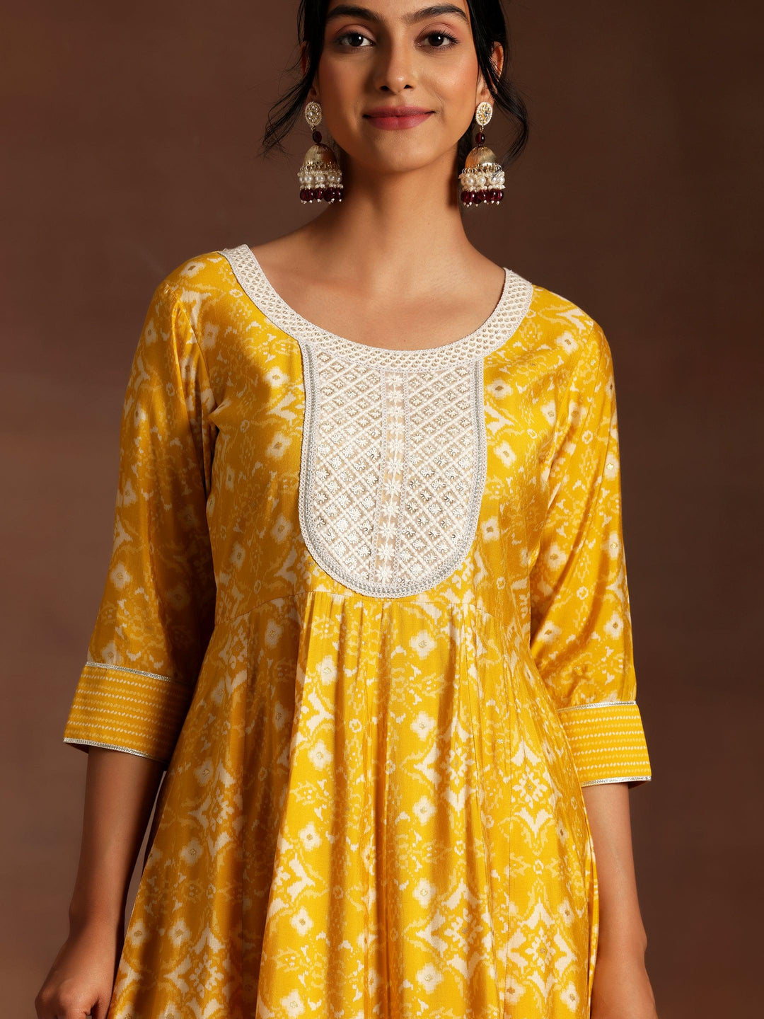 Izra Mustard Printed Silk Blend Anarkali Kurta With Churidar & Dupatta - ShopLibas