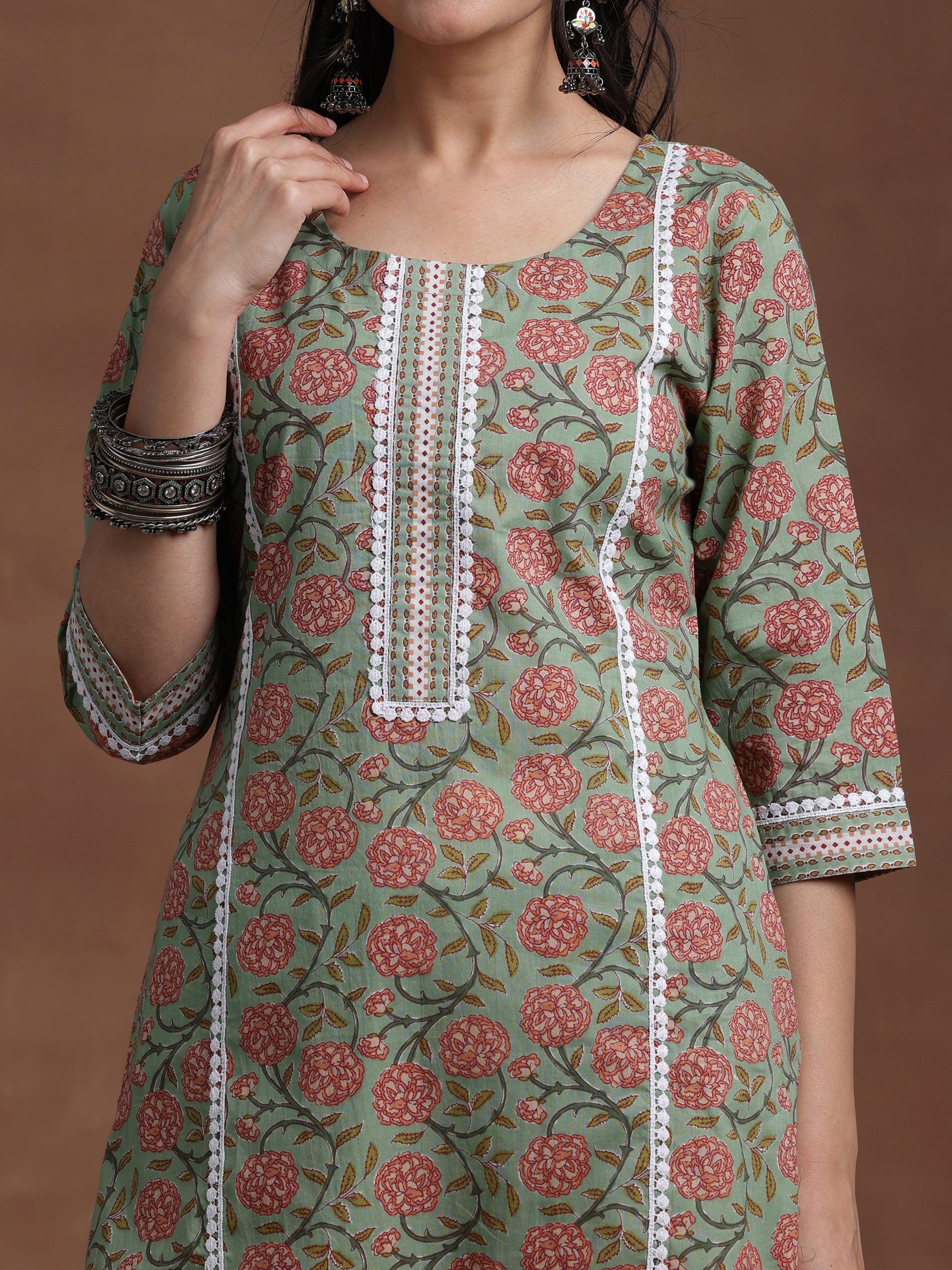 Green Printed Cotton Straight Kurta